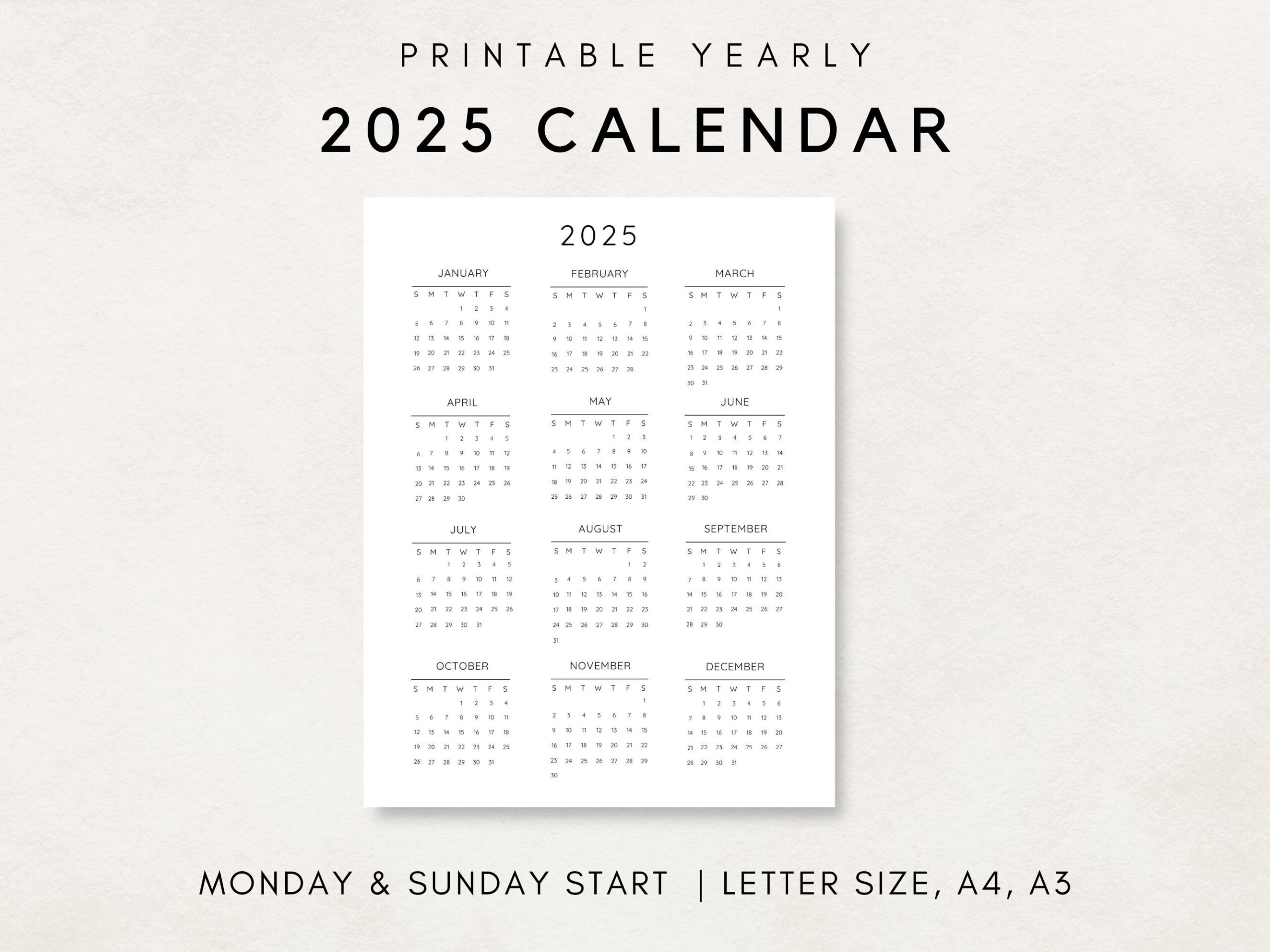 2025 Jahreskalender, Druckbarer Kalender, 2025 Kalender, 2025 | Printable Calendar Yearly 2025