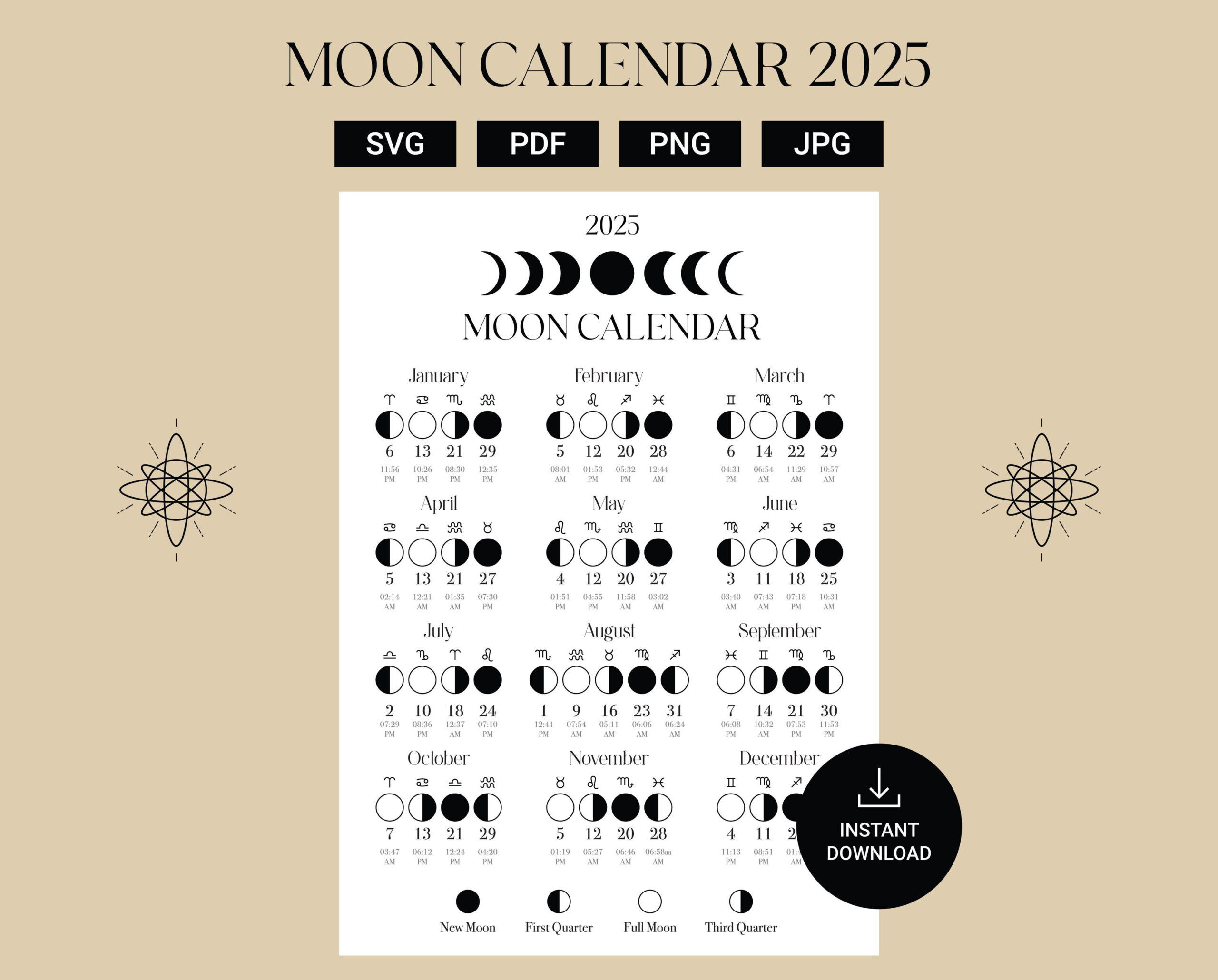 2025 Moon Calendar, Moon Phase Calendar, Lunar Calendar, 2025 | Calendar 2025