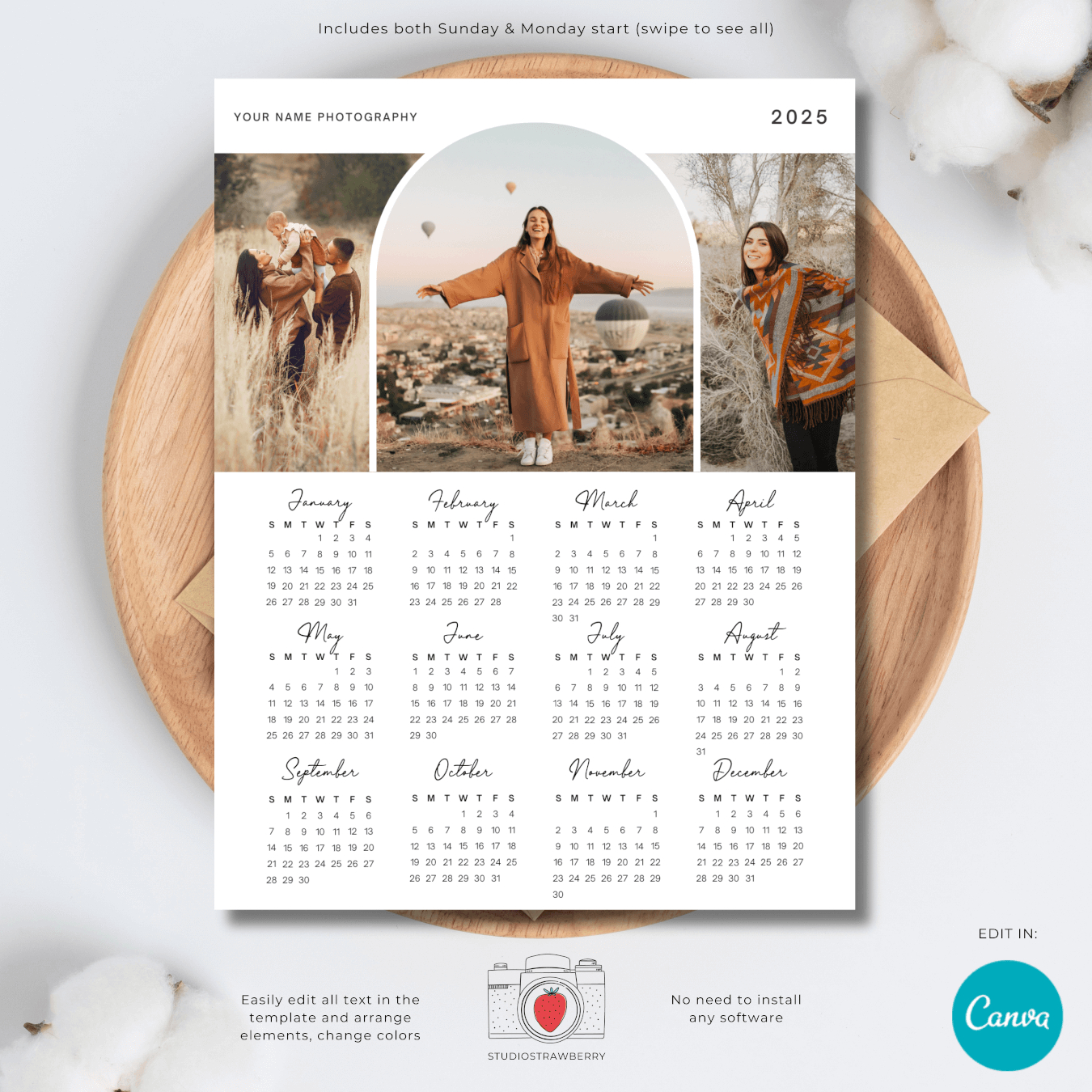 2025 Photo Calendar Template With Window Arch – Strawberry Kit | Printable Custom Calendar 2025