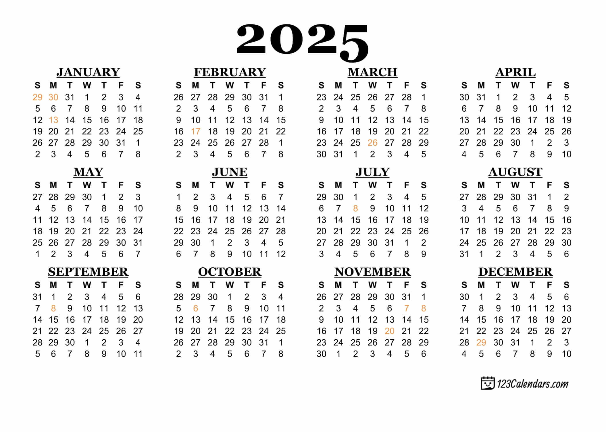 2025 Printable Calendar | 123Calendars | Calendar 2025