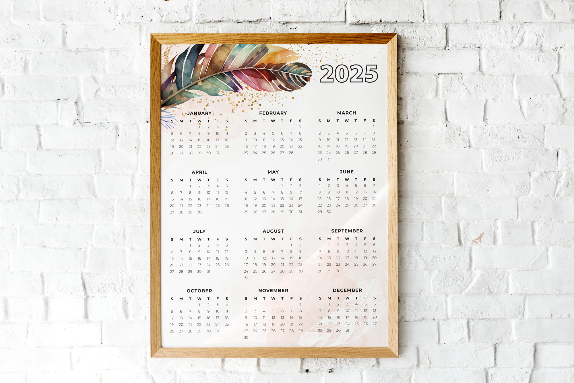 2025 Printable Calendar Year At A Glance | Boho Feather Watercolor | 16 X 20 | 8 X 10 | Instant Download | Portrait | Planner | 2025 Year at a Glance Printable Calendar