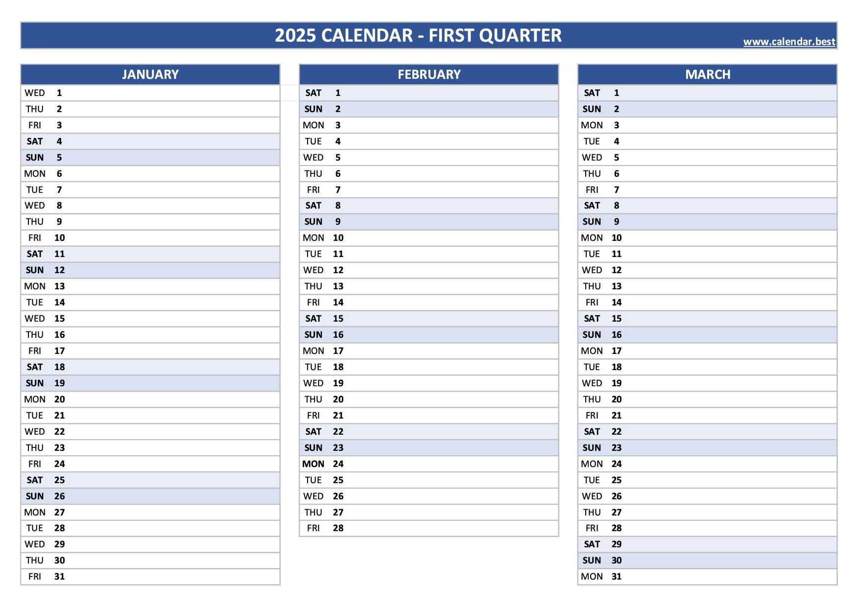 2025 Quarterly Calendar To Print | 2025 Calendar Quarterly Printable