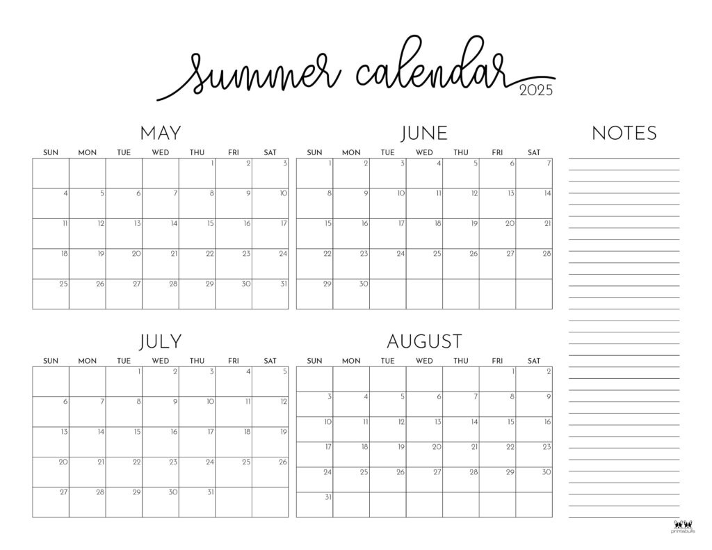 2025 Summer Calendars - 27 Free Printables | Printabulls | August 2025 May 2025 Calendar Printable