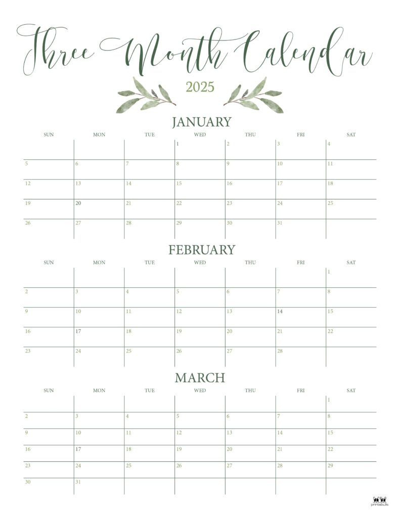 2025 Three Month/Quarterly Calendars - 36 Free Cals | Printabulls | 3 Month Vertical Calendar Printable July 2025