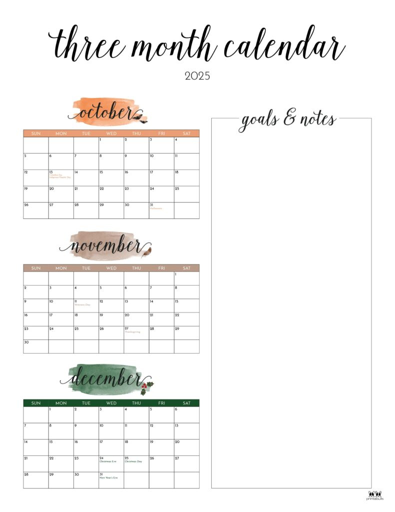 2025 Three Month/Quarterly Calendars - 36 Free Cals | Printabulls | Calendar 2025