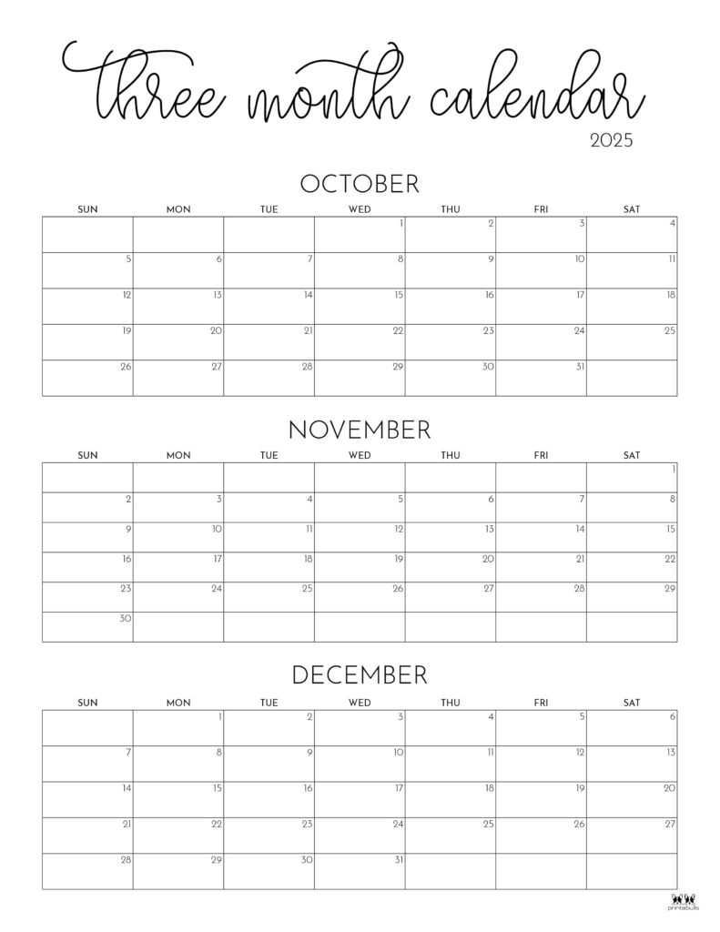 2025 Three Month/Quarterly Calendars - 36 Free Cals | Printabulls |  Calendar 2025