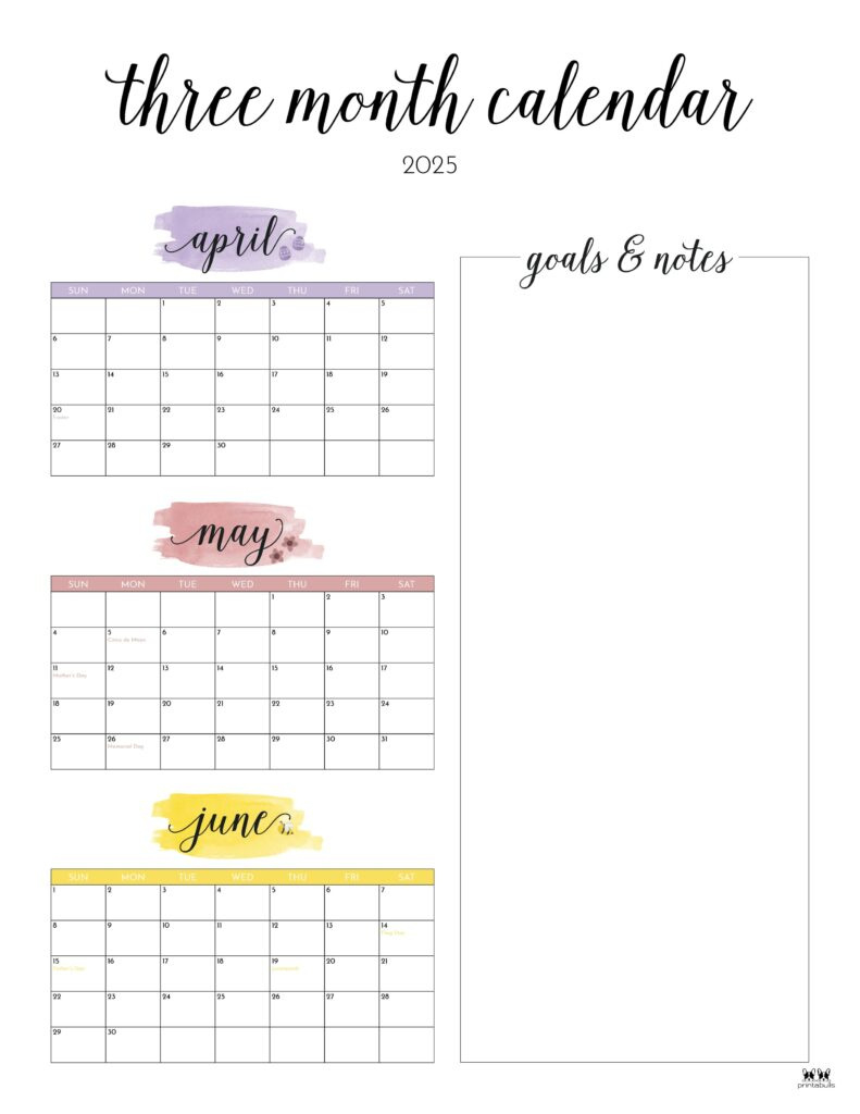 2025 Three Month/Quarterly Calendars - 36 Free Cals | Printabulls | Three Month Printable Calendar 2025