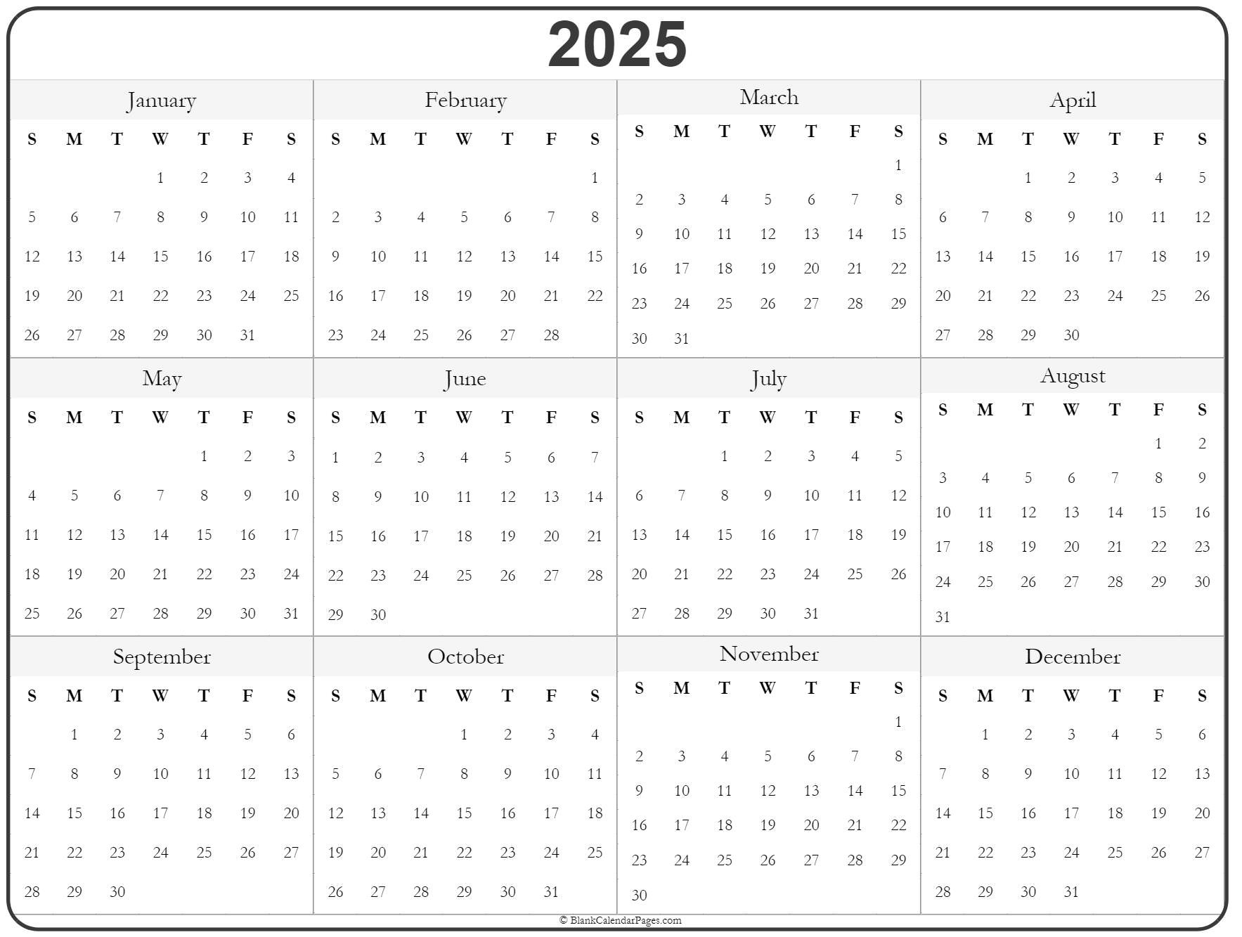 2025 Year Calendar | Yearly Printable | Blank 12 Month Calendar Printable 2025