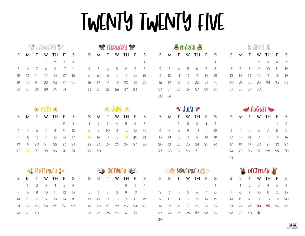 2025 Yearly Calendars - 29 Free Printables | Printabulls | 12 Month Printable Calendar 2025 Free