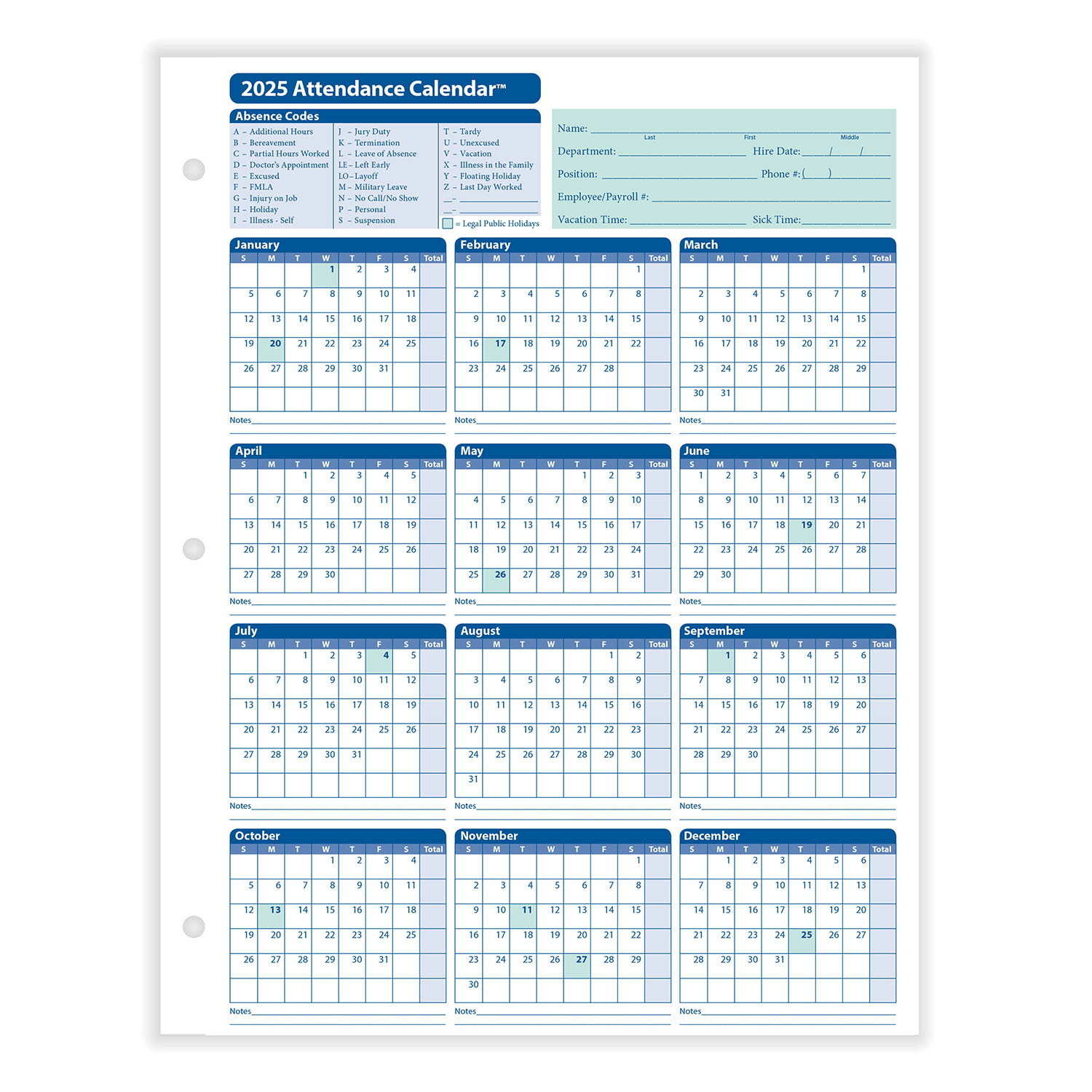 2025 Yearly Employee Attendance Calendar | Yearly Calendar | Hrdirect |  Calendar 2025