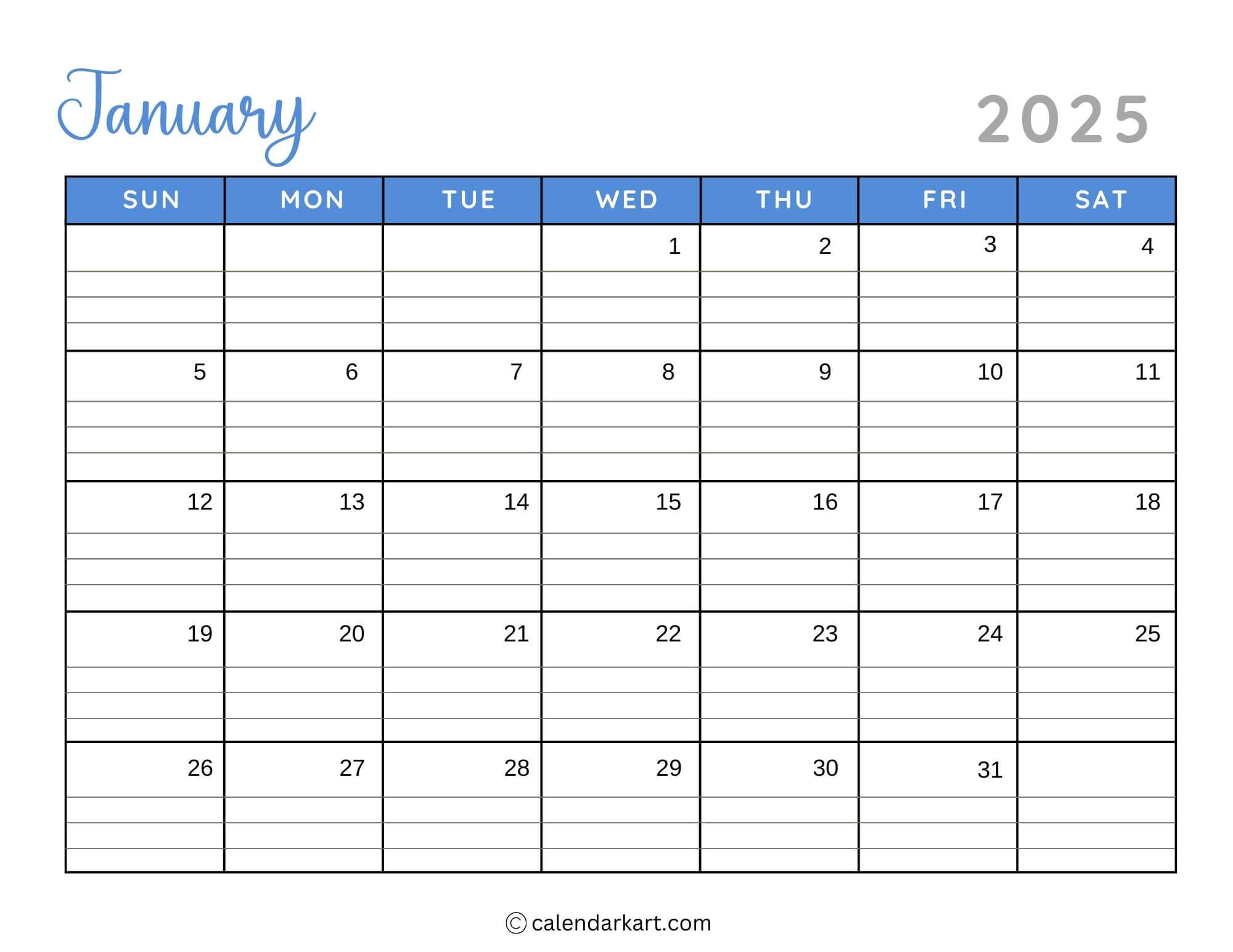 40+ Printable January 2025 Calendars | Free Pdf - Calendarkart | 2025 Block Calendar Printable