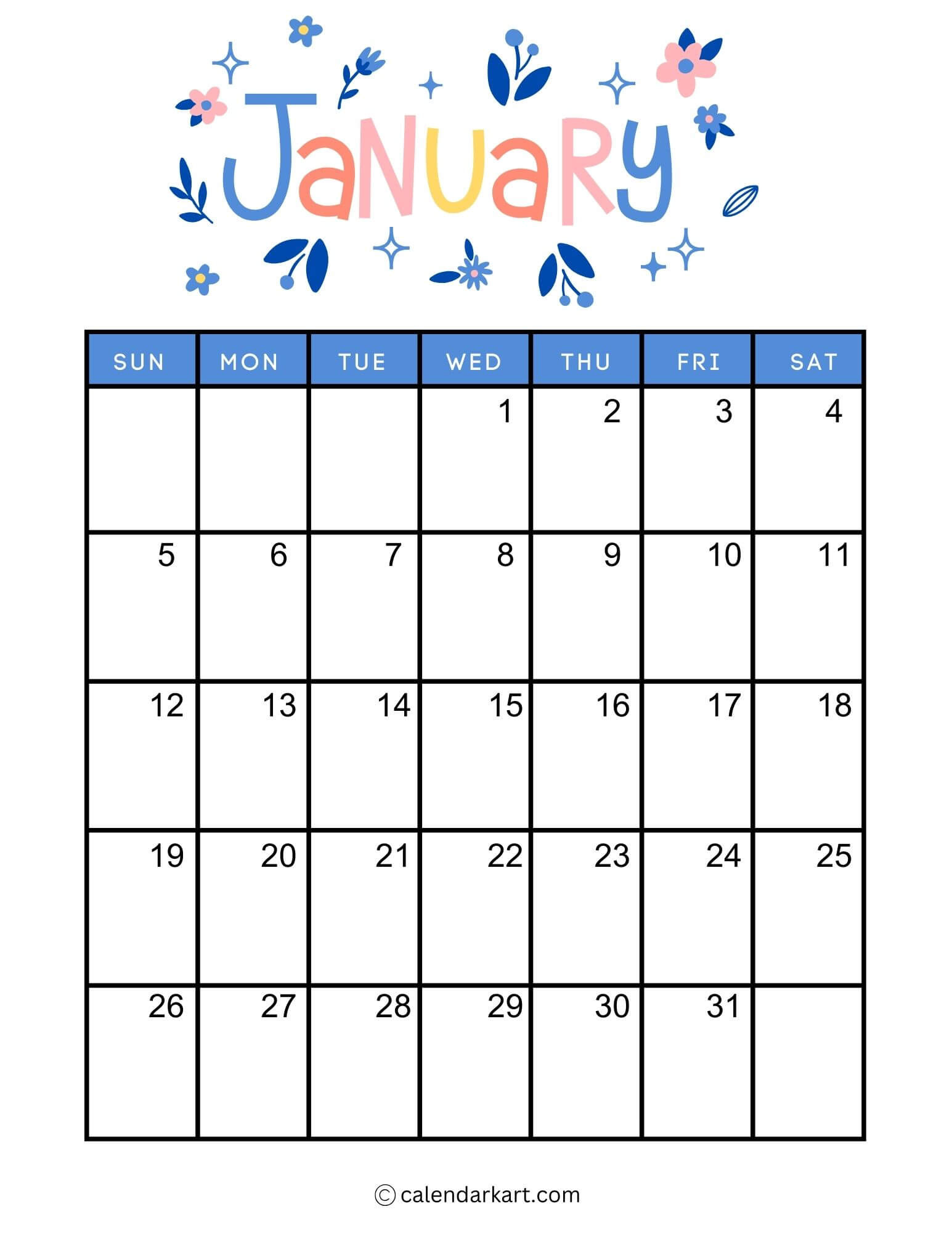 40+ Printable January 2025 Calendars | Free Pdf - Calendarkart | January 2025 Calendar Vertical Printable