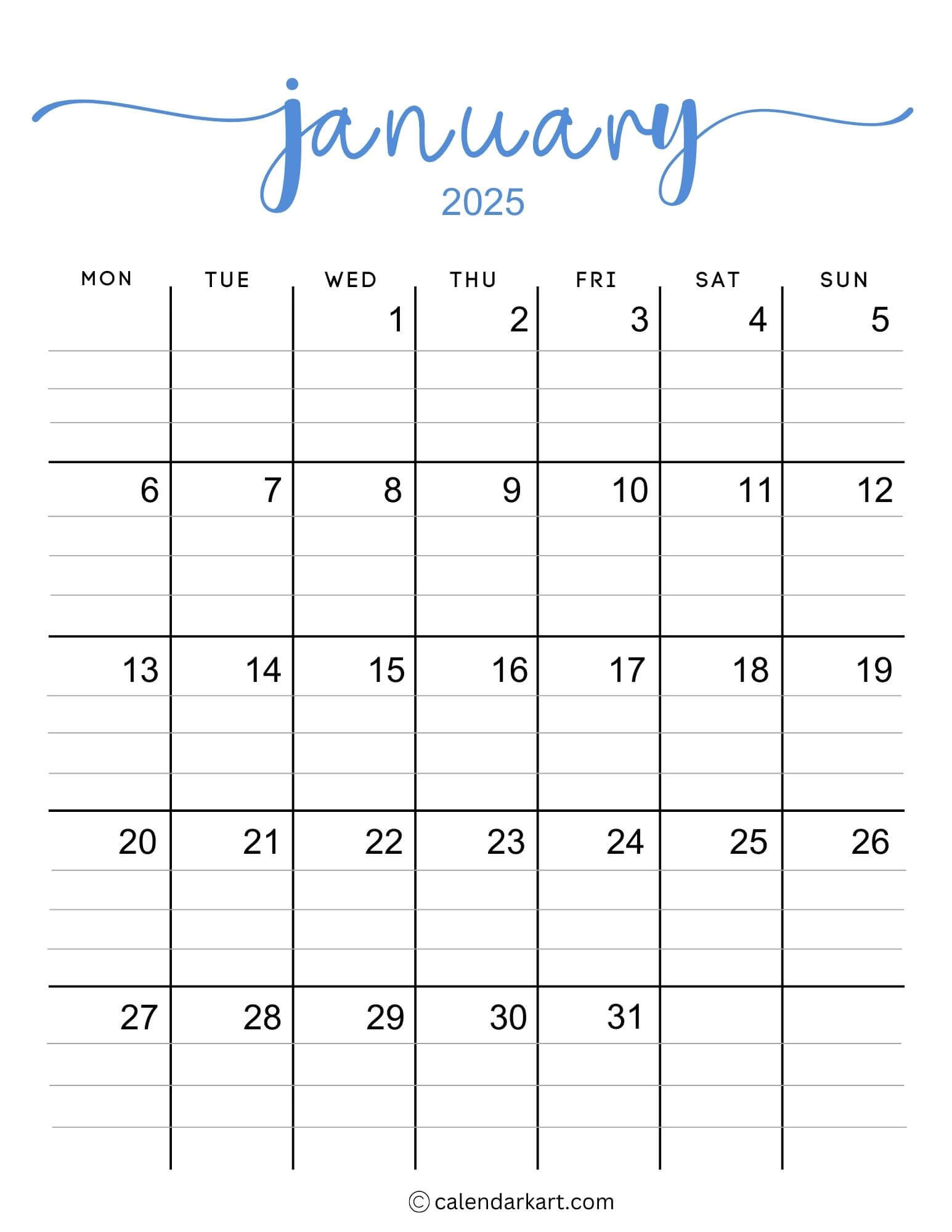 40+ Printable January 2025 Calendars | Free Pdf - Calendarkart | January 2025 Printable Calendar With Holidays