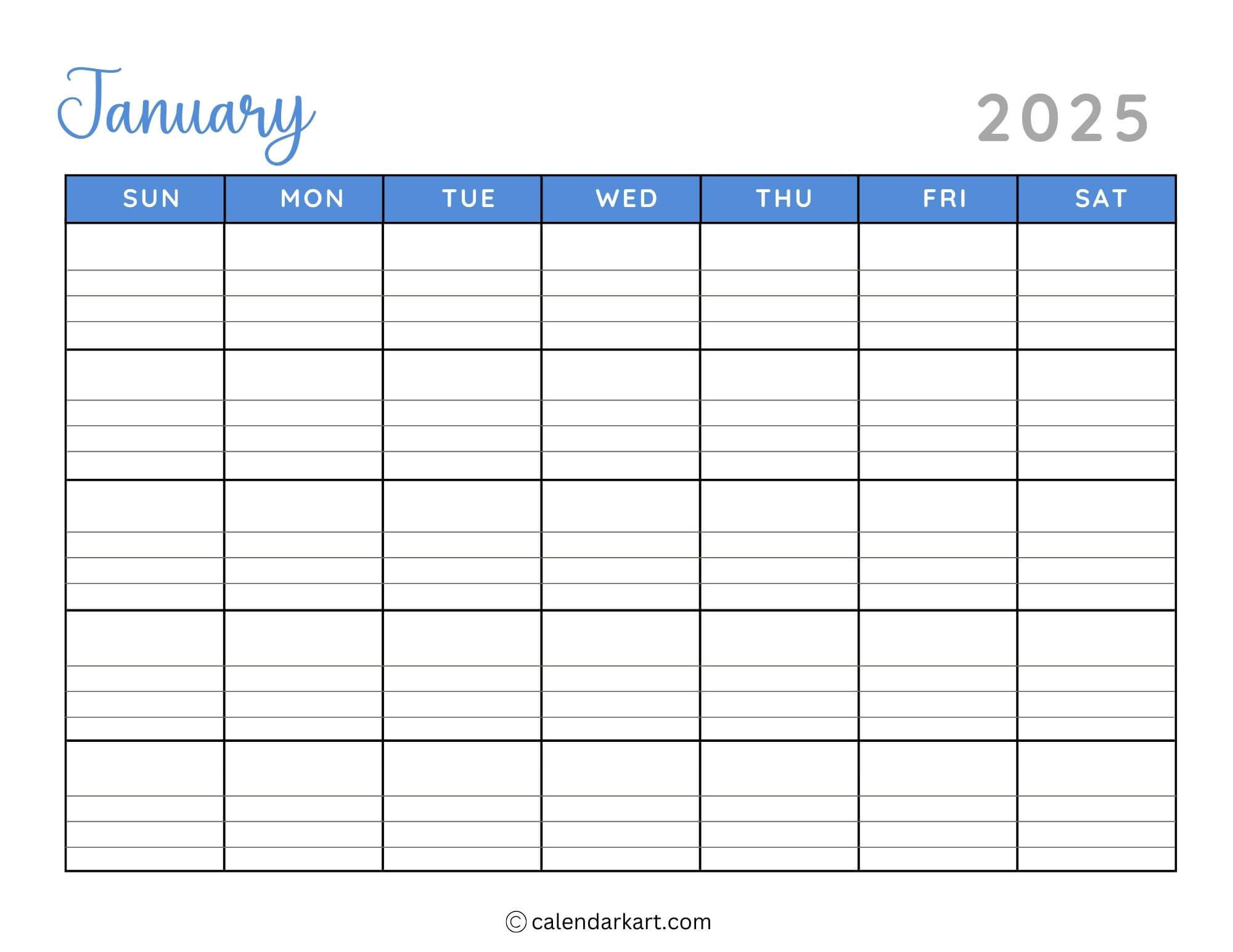 40+ Printable January 2025 Calendars | Free Pdf - Calendarkart | Printable Monthly Calendar 2025 with Lines