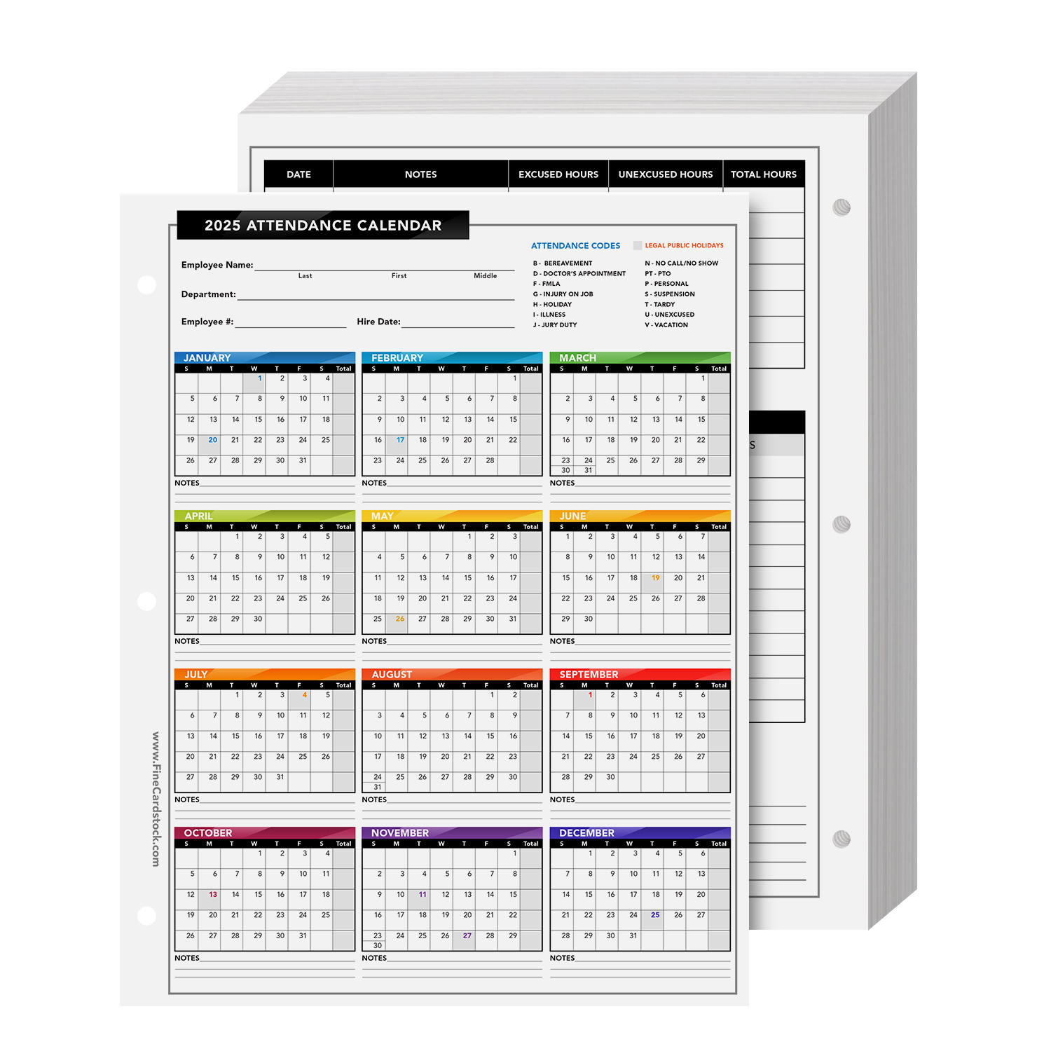 Attendance Calendar Year Of 2025 - Bulk And Wholesale - Fine Cardstock | 2025 Employee Attendance Calendar Printable Free Download