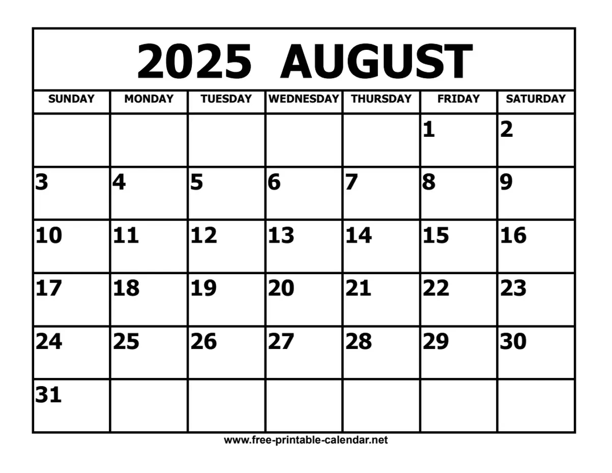 August 2025 Calendar | August Printable Calendar 2025 Free