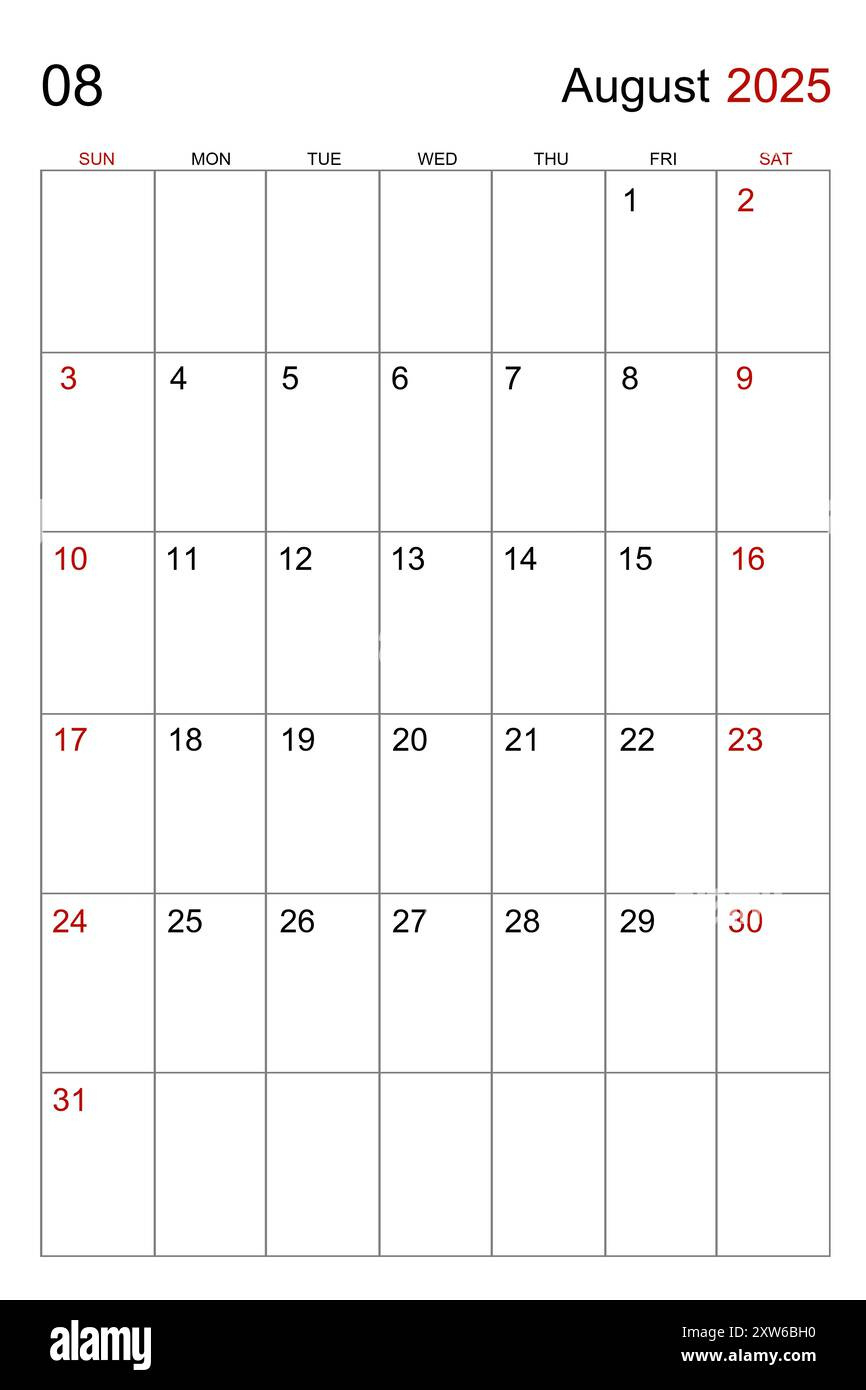 August 2025 Calendar Vertical Template On White Background Stock | Calendar 2025