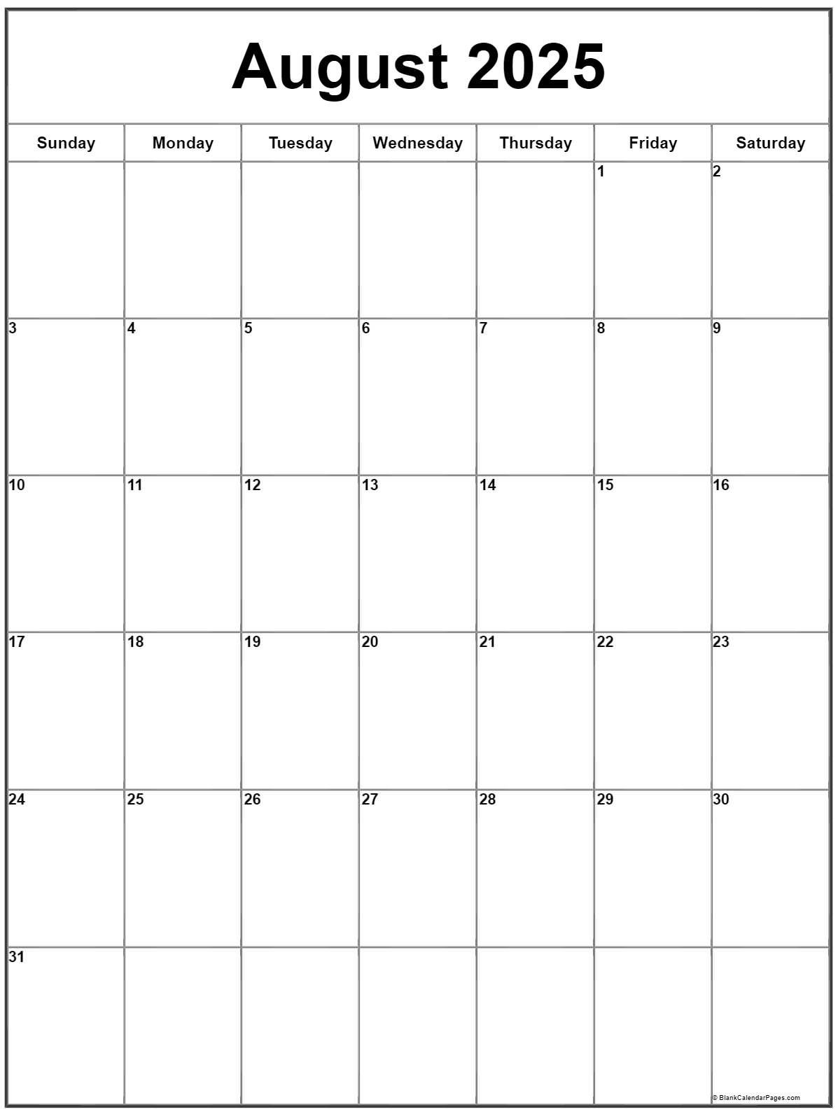 August 2025 Vertical Calendar | Portrait | August 2025 Calendar Printable Vertical