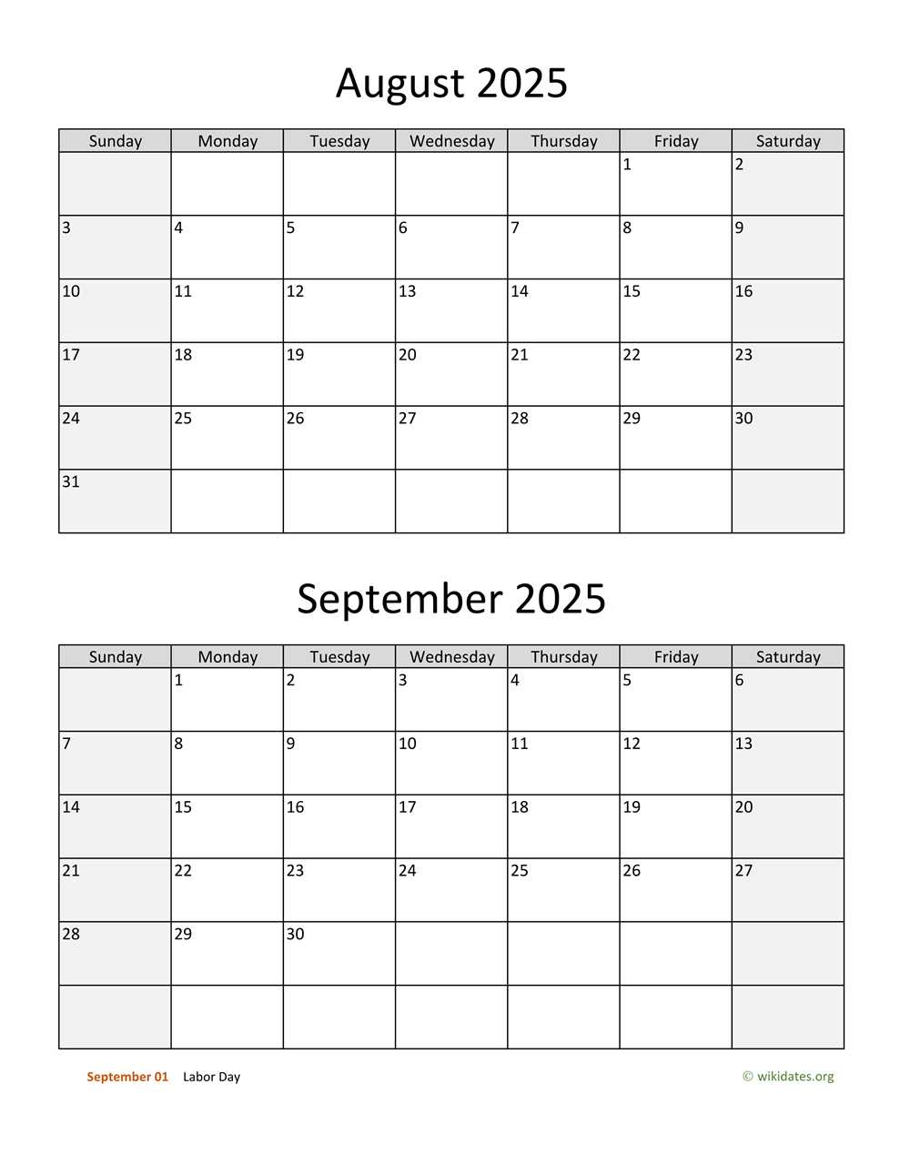 August And September 2025 Calendar | Wikidates | Printable Calendar August September 2025