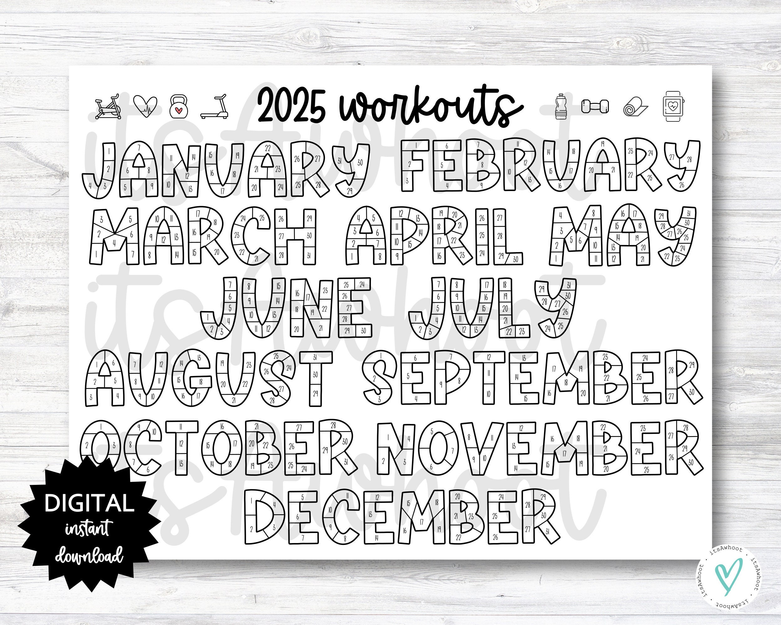 Buy 2025 Workouts Tracker Coloring Page Printable, Coloring | Fitness Calendar 2025 Printable