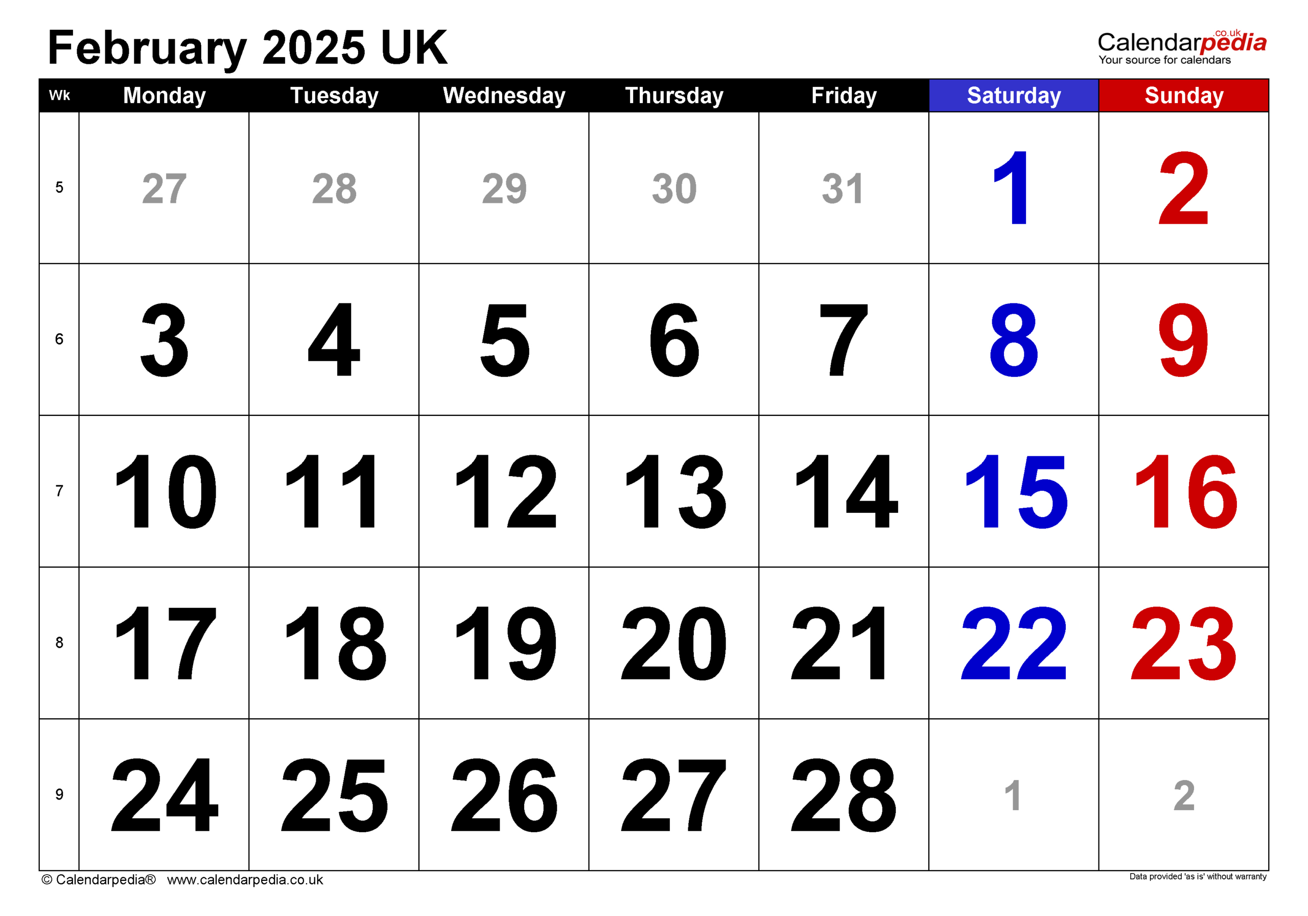 Calendar February 2025 Uk With Excel, Word And Pdf Templates | 2025 February Printable Calendar