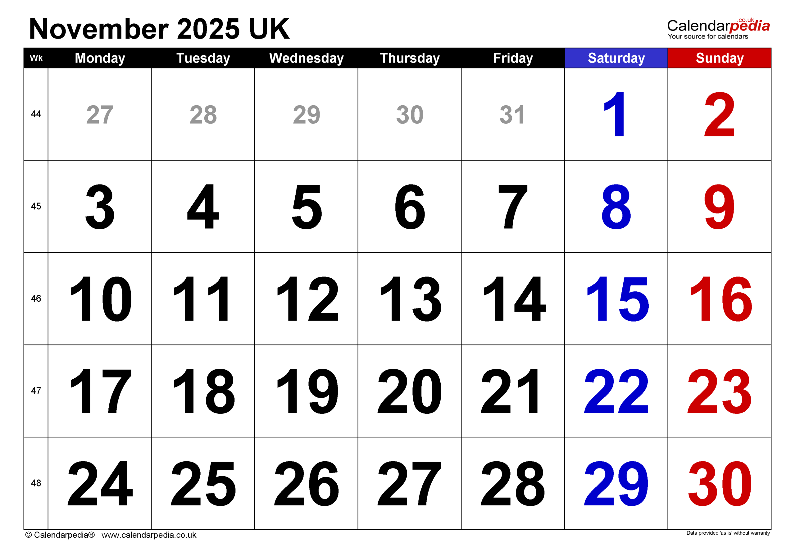 Calendar November 2025 Uk With Excel, Word And Pdf Templates | November 2025 Calendar Printable