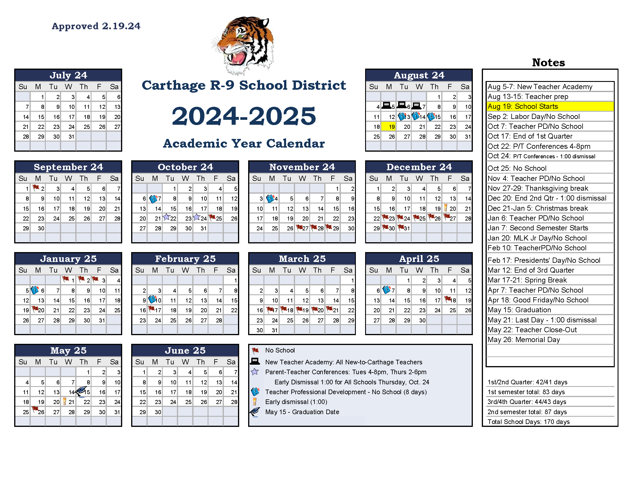 Carthage R-9 - School Calendar 2024-25 | Mizzou Calendar 2024 - 2025 Printable