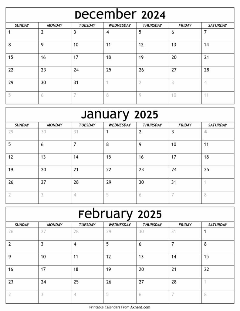 December 2024 To February 2025 Calendar Template - Three Months | Printable 3 Month Calendar December January February 2025