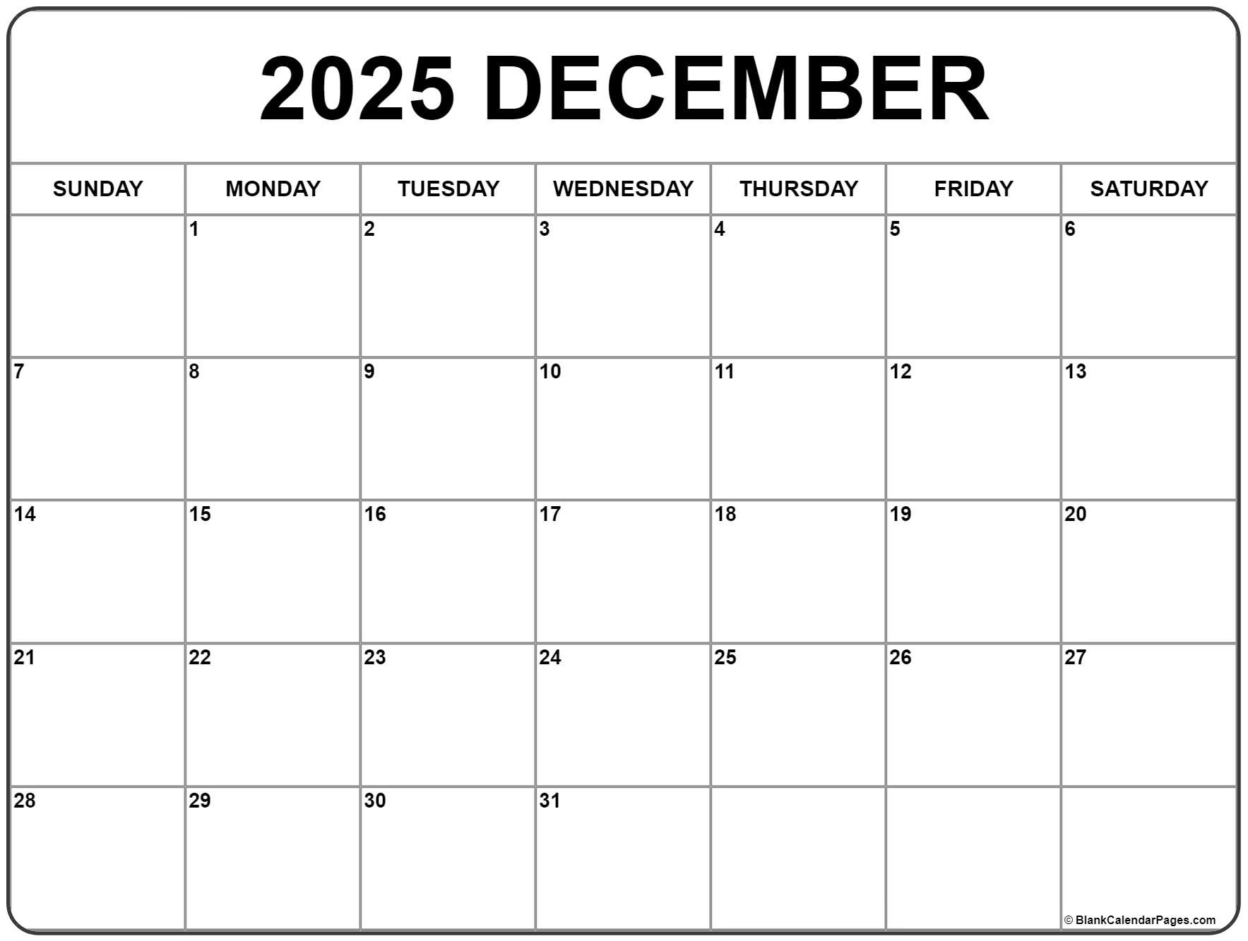 December 2025 Calendar | Free Printable Calendars | Blank December 2025 Calendar Printable