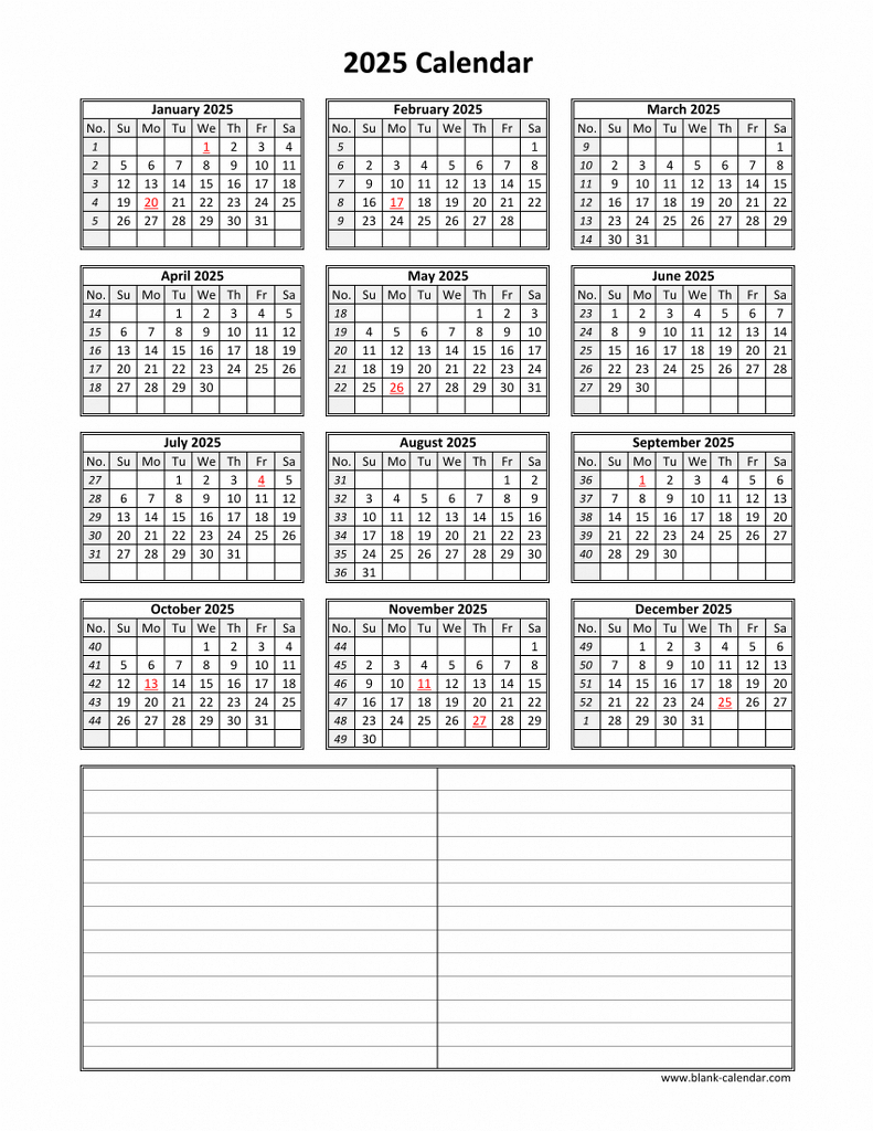 Download Blank Calendar 2025 With Space For Notes (12 Months On | Calendar 2025