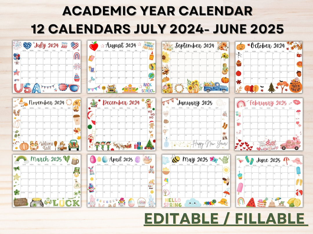 Editable School Calendar 2024-2025 From July To June Printable Kids School Schedule Homeschool Calendar W/ Cute Designs For Learning - Etsy Denmark | Printable Calendar July 2024-June 2025