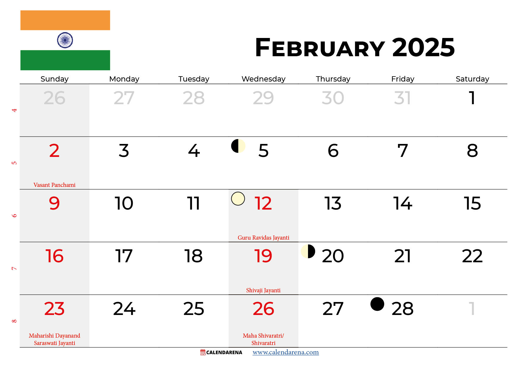 February 2025 Calendar India | Calendar 2025 February Month