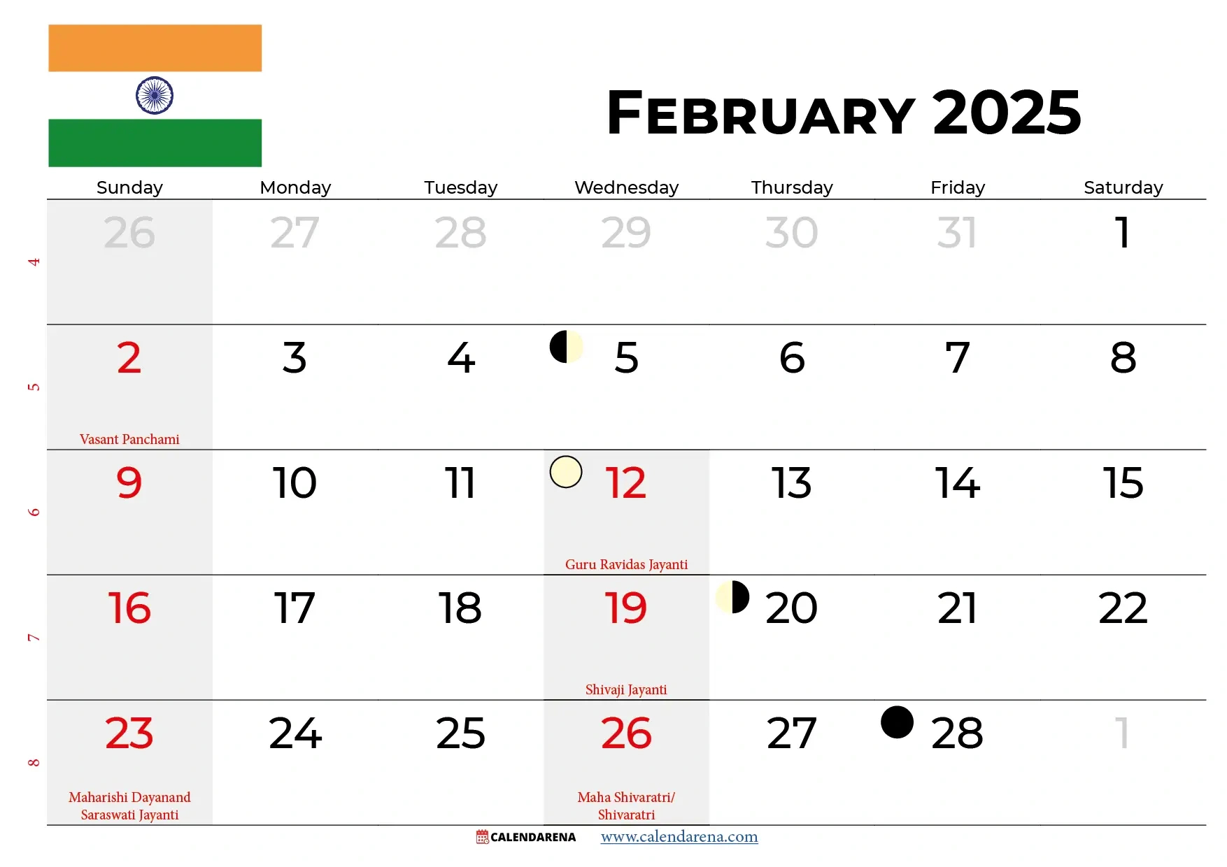 February 2025 Calendar India | Holiday Calendar February 2025