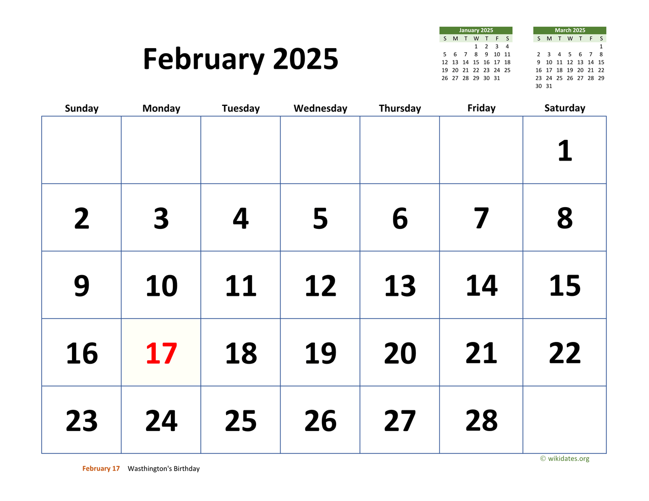 February 2025 Calendar With Extra-Large Dates | Wikidates | Calendar 2025