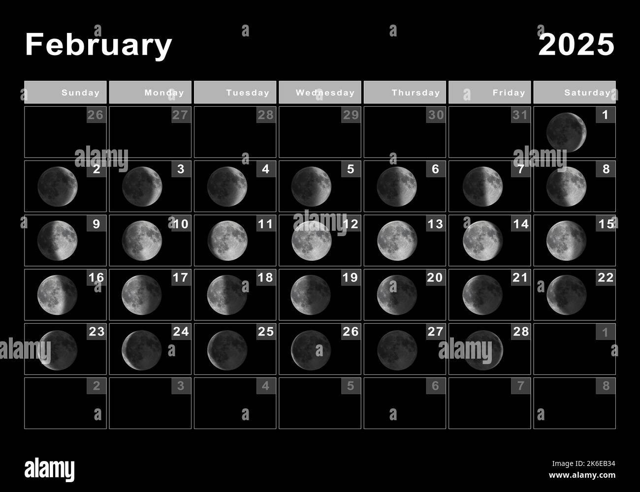 February 2025 Lunar Calendar, Moon Cycles, Moon Phases Stock Photo | February 2025 Moon Calendar