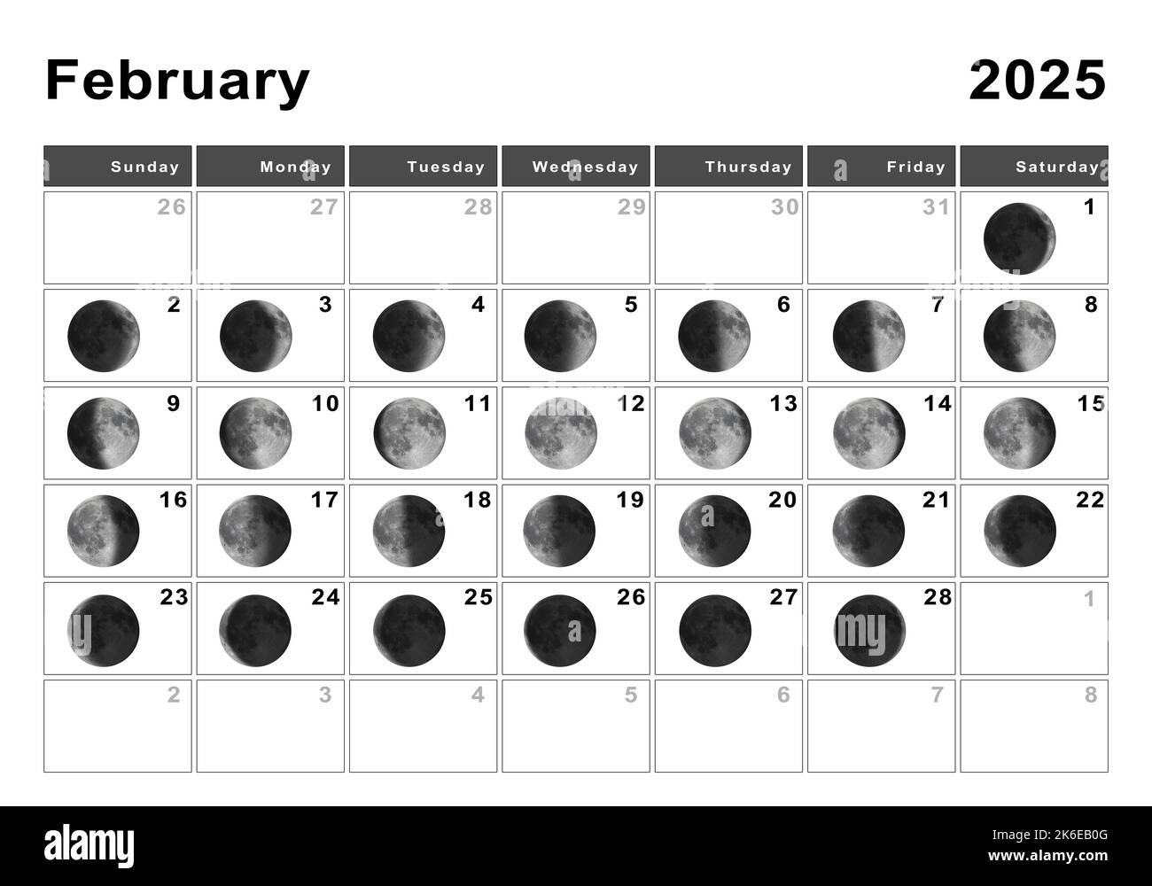 February 2025 Lunar Calendar, Moon Cycles, Moon Phases Stock Photo | Lunar Calendar February 2025