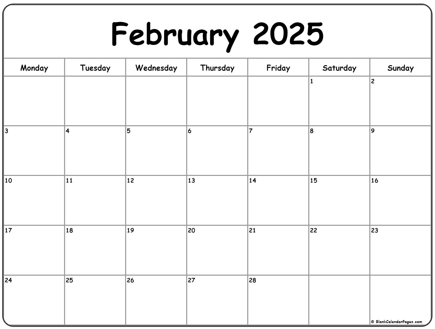 February 2025 Monday Calendar | Monday To Sunday |  Calendar 2025