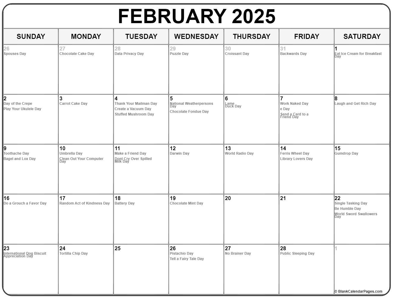 February 2025 With Holidays Calendar | February 2025 Calendar National Days