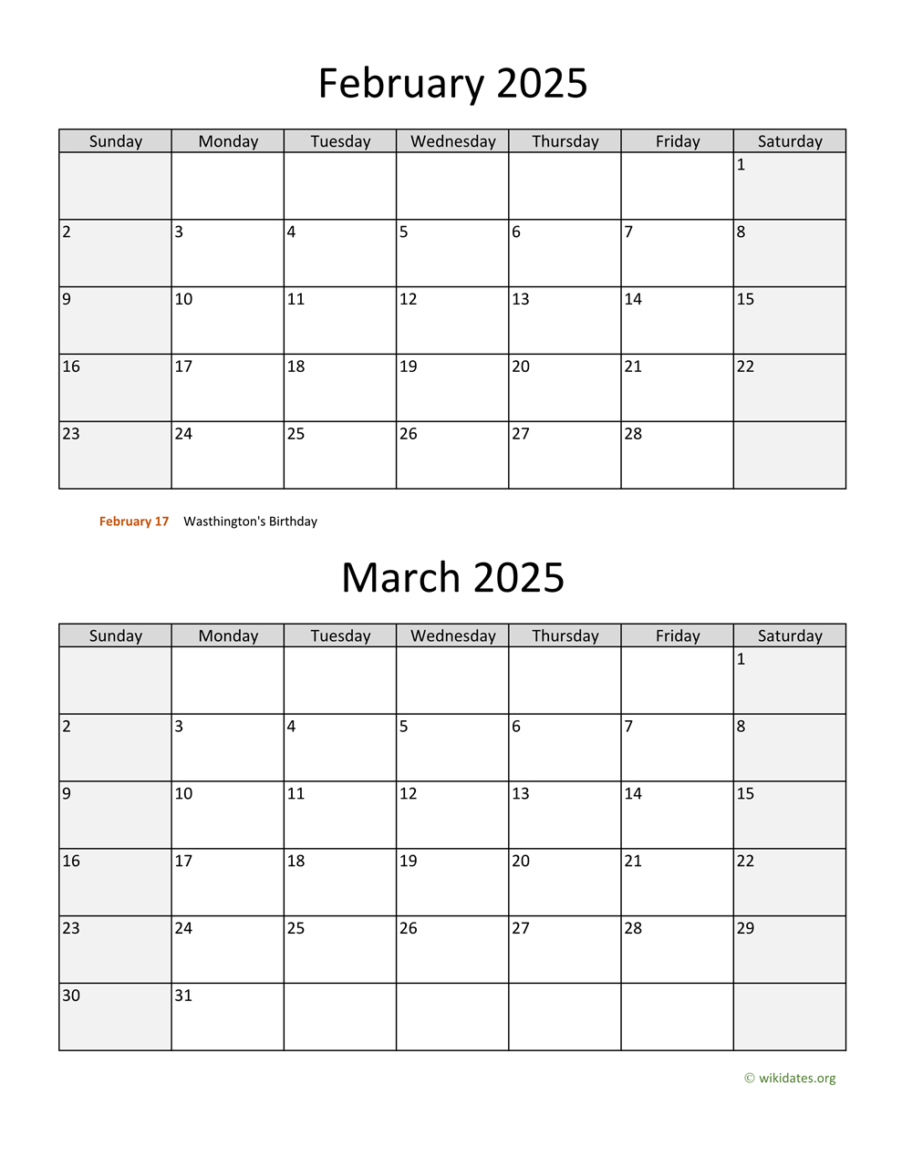 February And March 2025 Calendar | Wikidates |  Calendar 2025