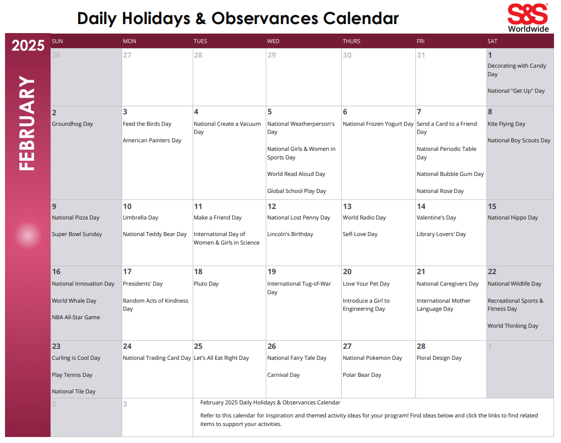 February Daily Holidays &amp; Observances Printable Calendar - S&amp;S Blog | Calendar February Holidays