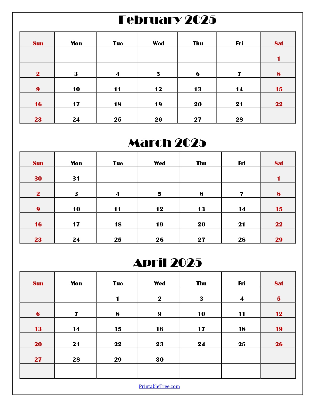 February To April 2025 Calendar Printable Pdf | Three Months Calendar | Feb March April 2025 Calendar Printable