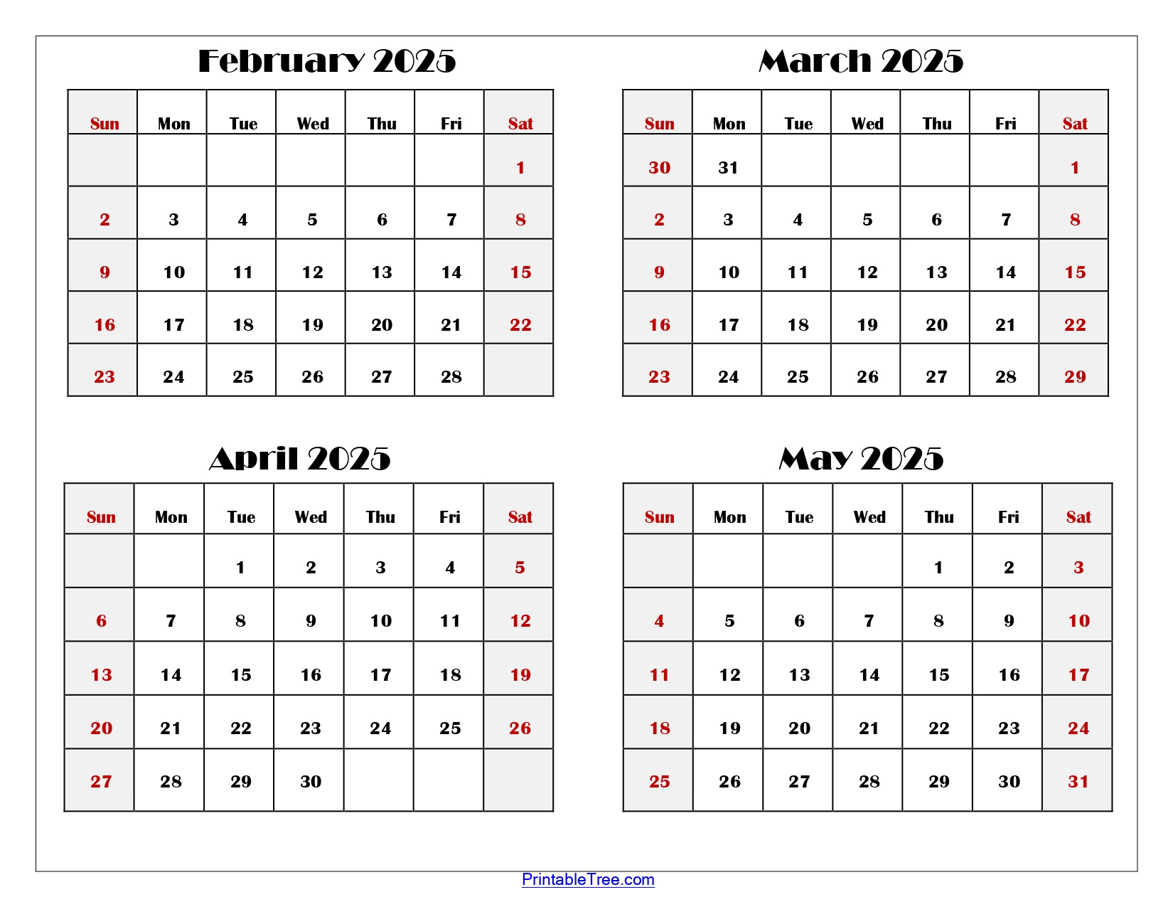 February To May 2025 Calendar Printable Pdf | Four Months Calendar |  Calendar 2025