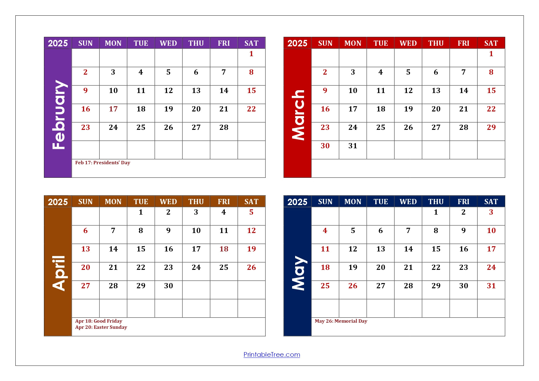 February To May 2025 Calendar Printable Pdf | Four Months Calendar | February to May 2025 Calendar