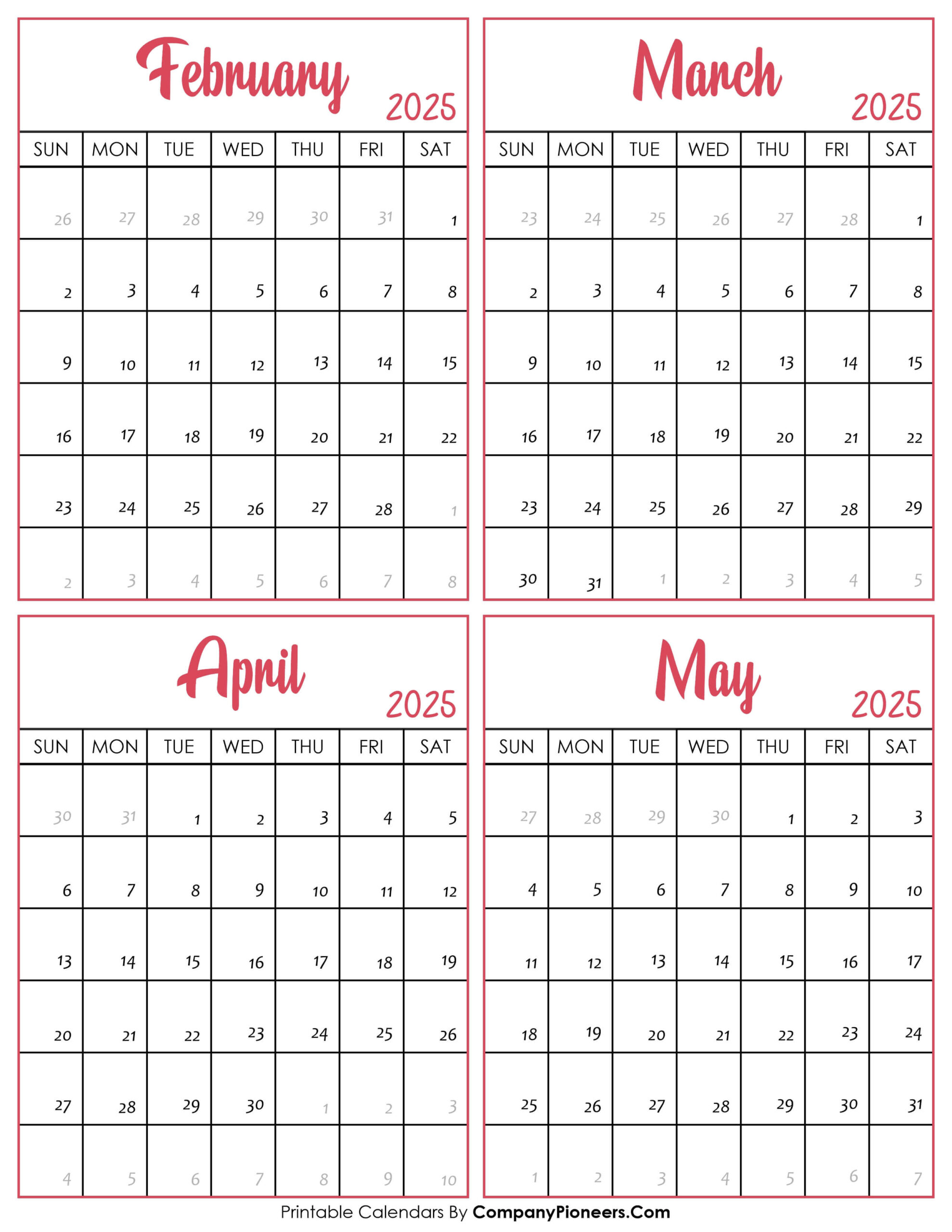 February To May 2025 Calendar Printable - Template | February to May 2025 Calendar