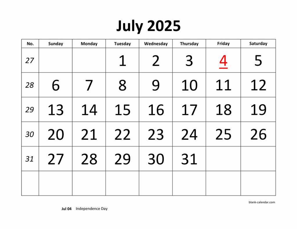 Free Download Printable July 2025 Calendar, Large Font Design | July Weekly Calendar 2025 Printable