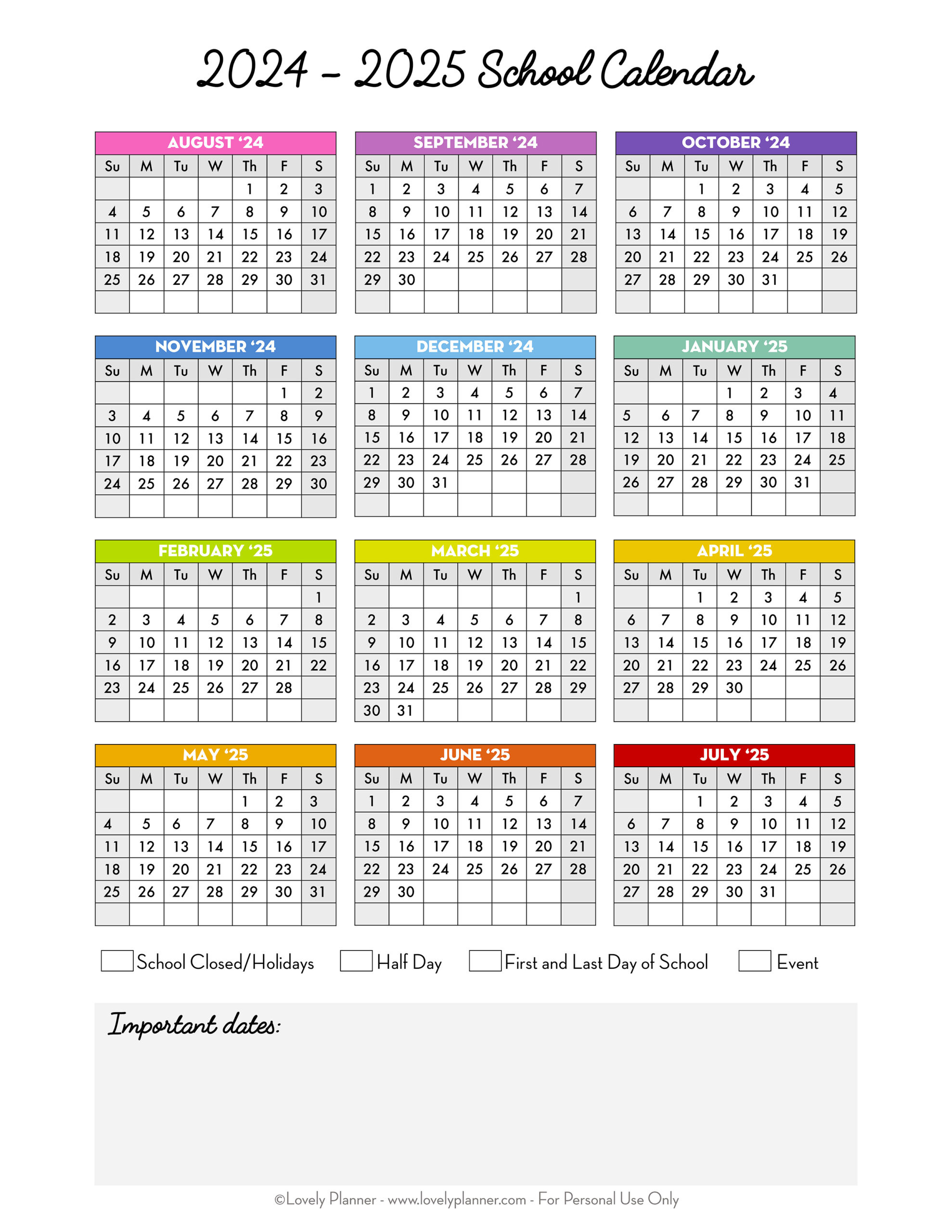 Free Printable 2024-2025 School Calendar - One Page Academic | 2024 - 2025 Calendar Printable Free Download