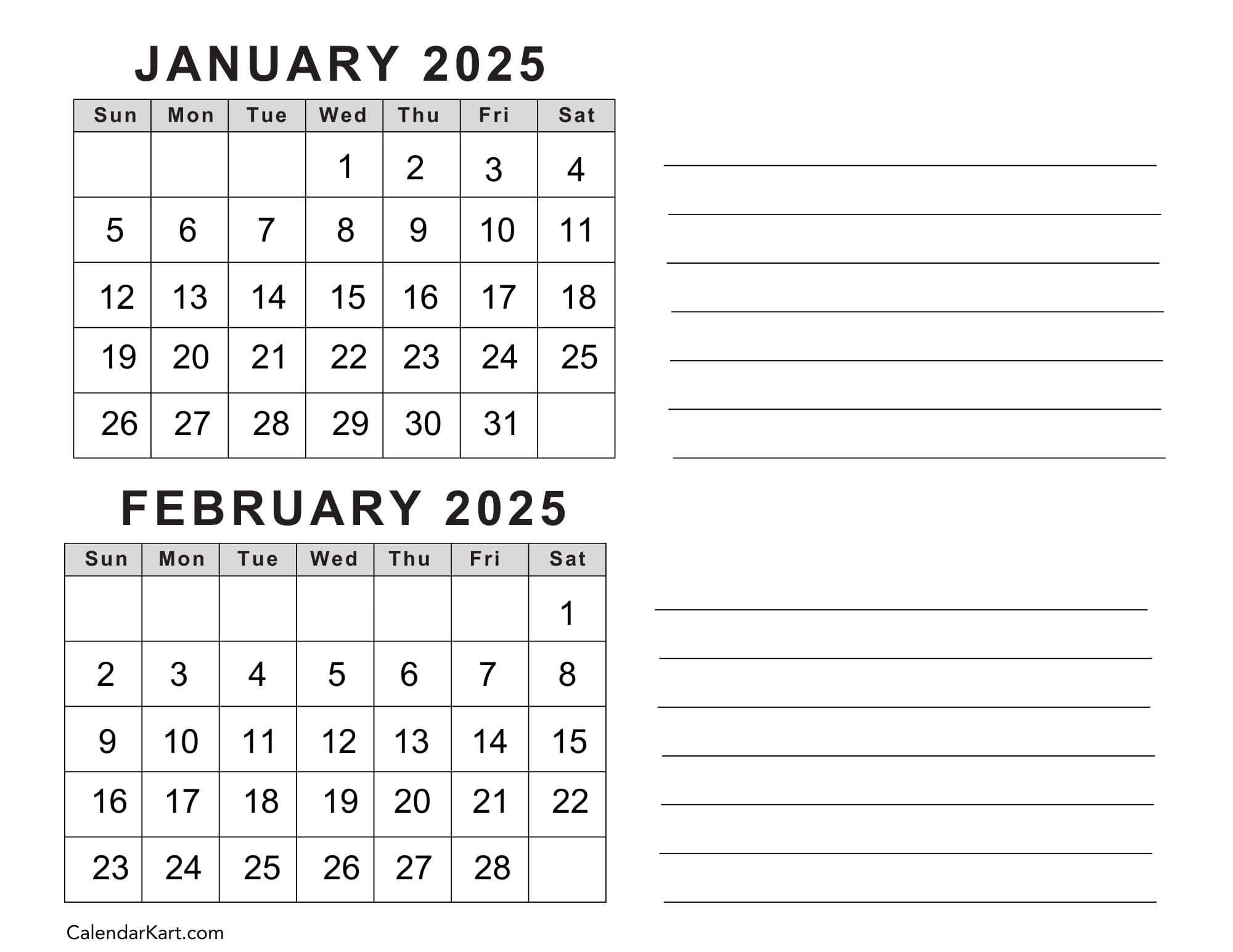 Free Printable January February Calendar 2025 - Calendarkart | 2025 January and February Calendar