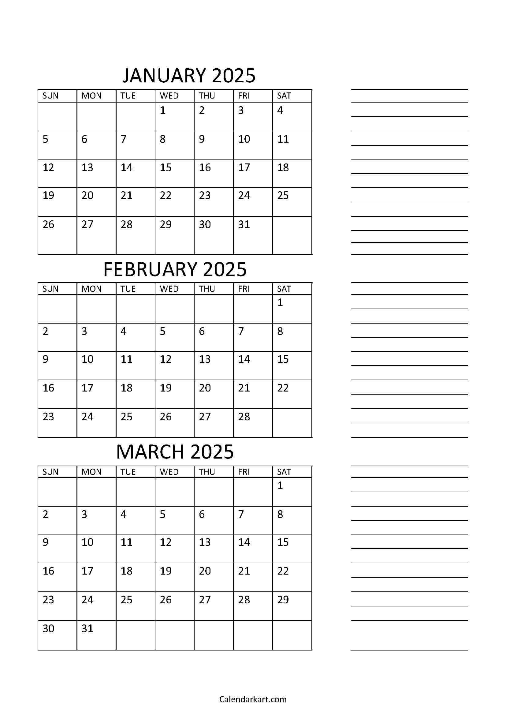 Free Printable January To March 2025 Calendar - Calendarkart | Calendar January February March 2025