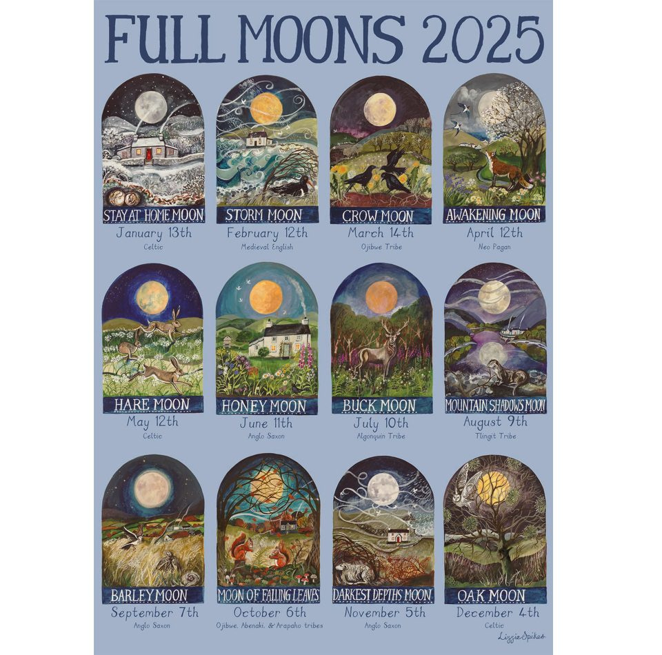 Full Moons 2025 - N. American Version Poster Print | Driftwood Designs | Printable Full Moon Calendar 2025