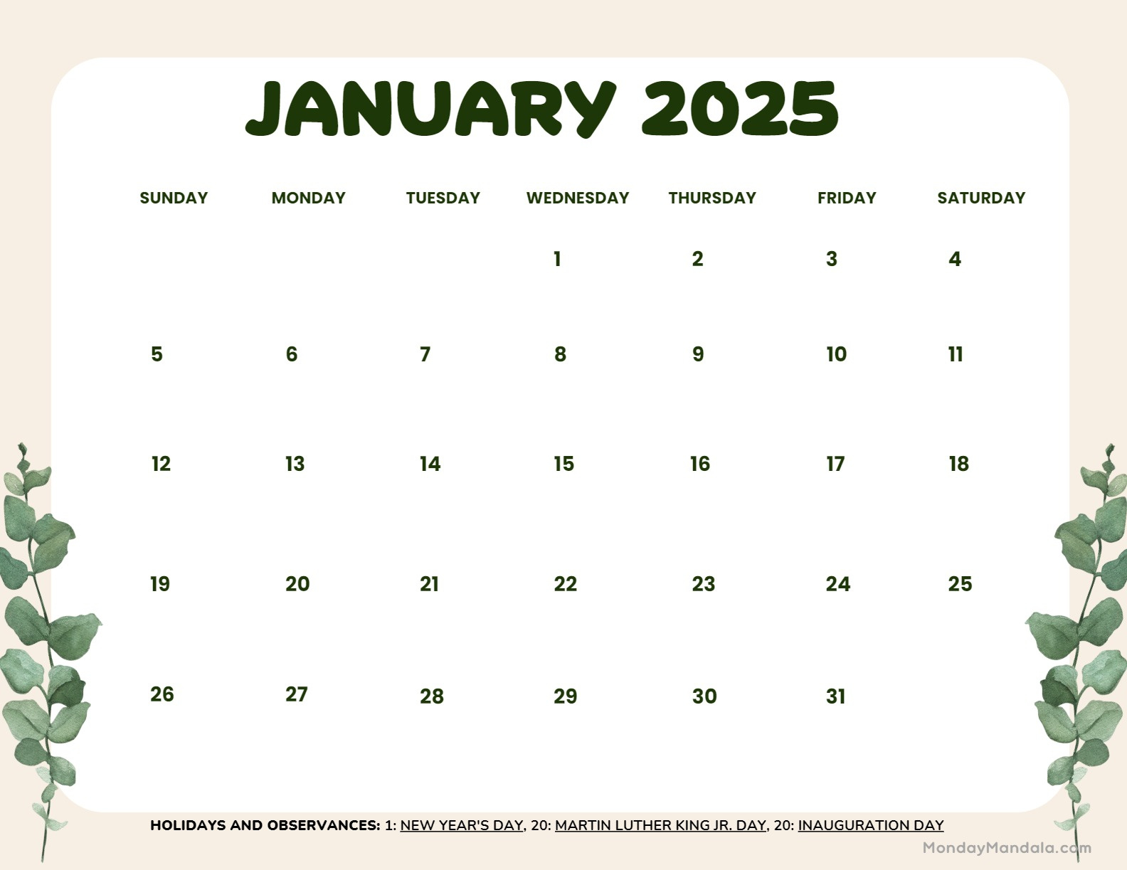 January 2025 Calendar (52 Free Pdf Printables) | January 2025 Printable Calendar Wiki